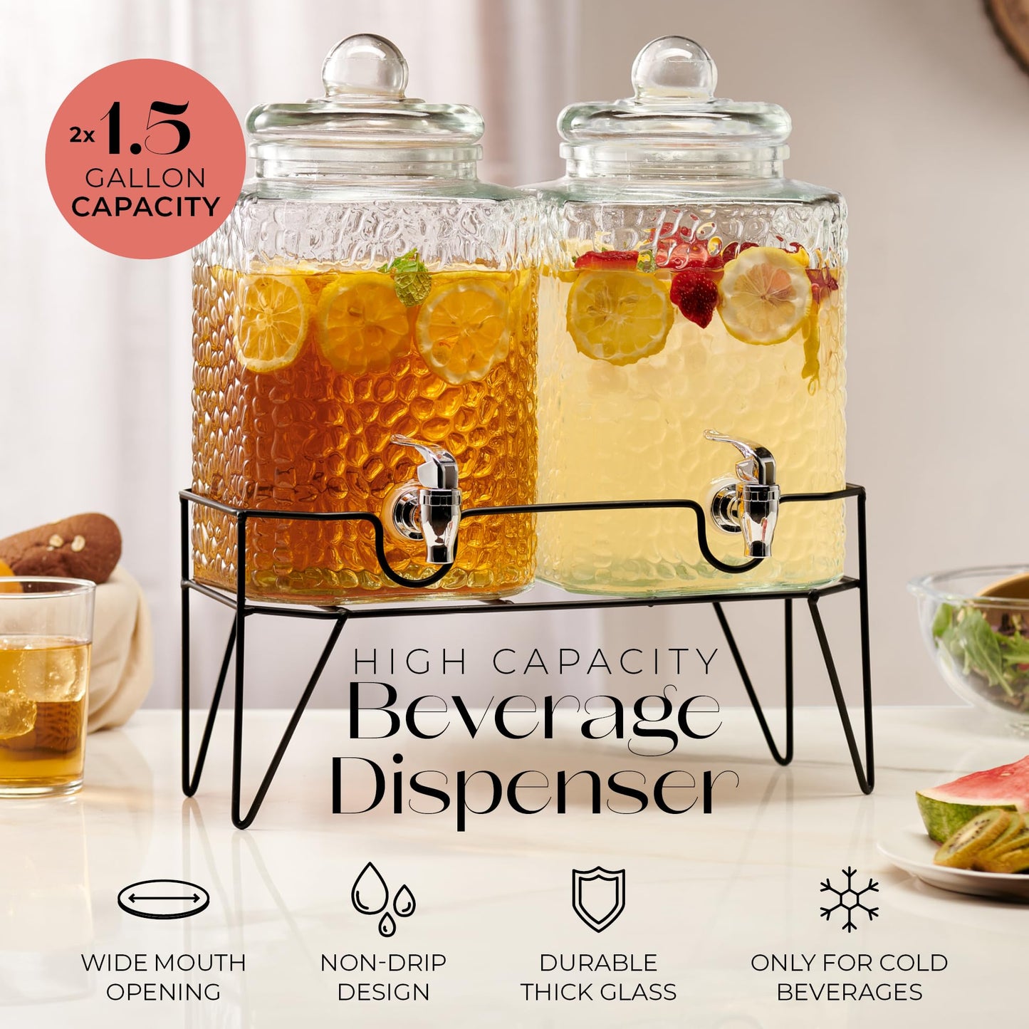 Style Setter Premium Glass Drink Dispensers with Metal Stand for Parties – Beverage Dispenser Set for Cold Drinks, Lemonade, Cocktails, Juice – Party Glass Drink Dispenser Station - 1.5 Gal, Set of 2