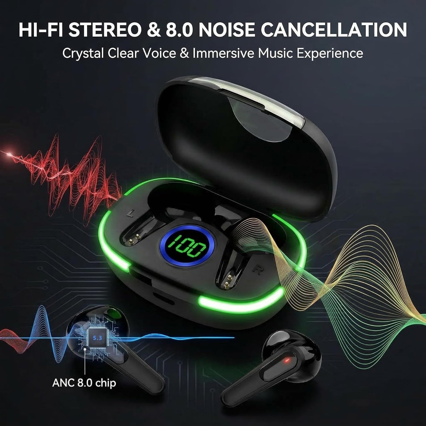 BSWLMDD 5.3, 20-Hour Wireless Bluetooth Earbuds, Bluetooth Battery Life, Hi-Fi Stereo Sound, LED Digital Display