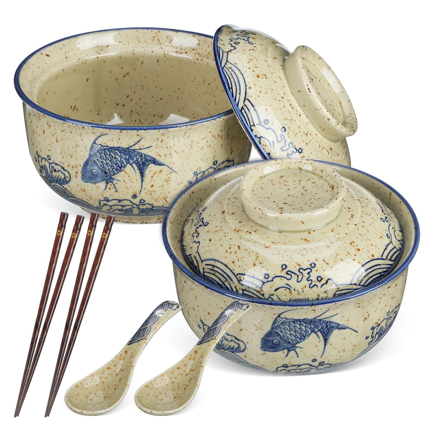 CALLARON 26 oz Ceramic Ramen Bowl, Japanese Noodle Bowls Set of 2, Large Soup Bowl with Lid, Spoons and Chopsticks, Vintage Ramen Dish for Pho, Udon, Noodles, 6 inch, Microwave Dishwasher Safe