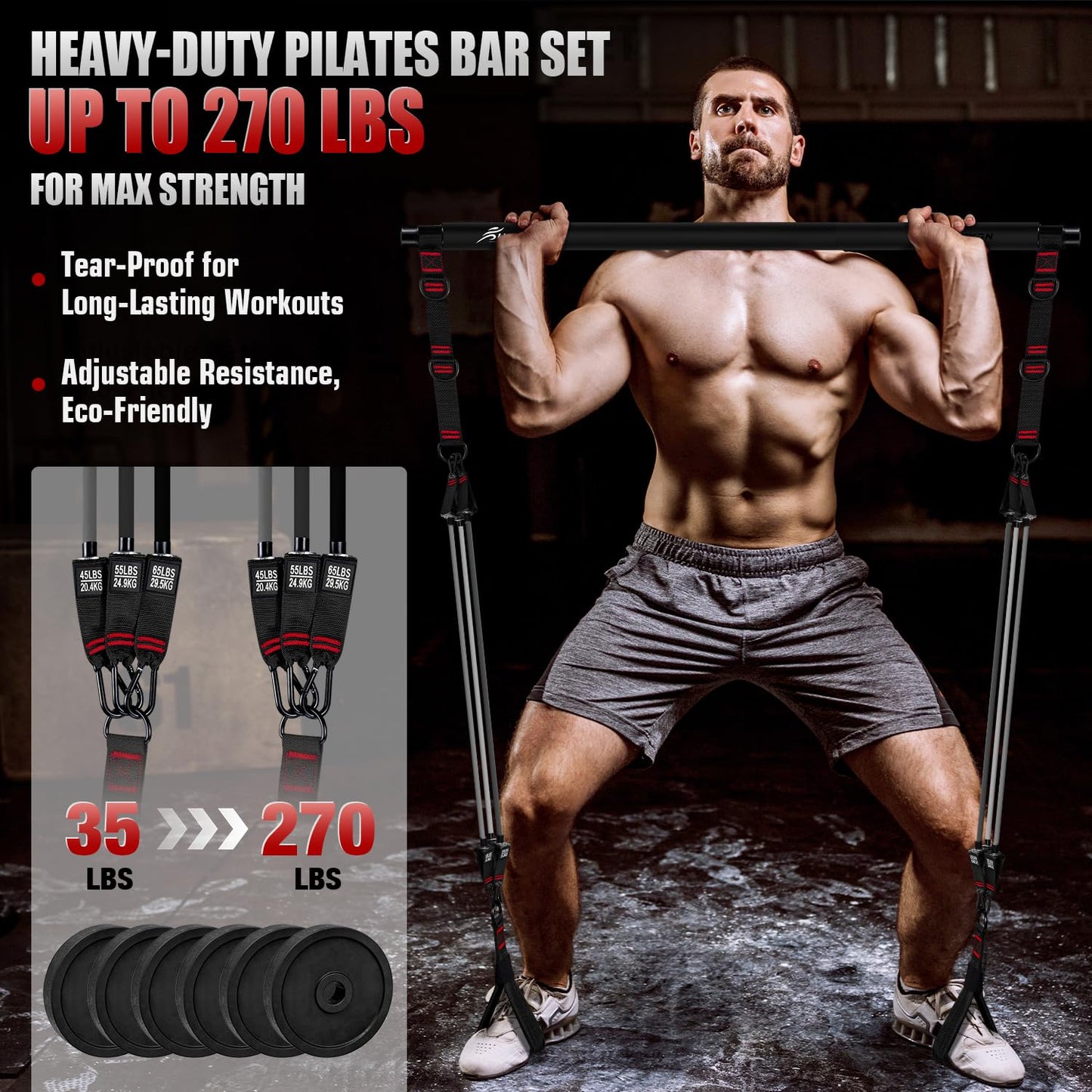 HPYGN Pilates Bar Kit with Resistance Bands, Heavy Duty Multifunctional Pilates Workout Equipment for Strength Training, HIP, Back, Arms, Ab, Shoulders, Portable Home Gym & Travel Fitness Gear for Men