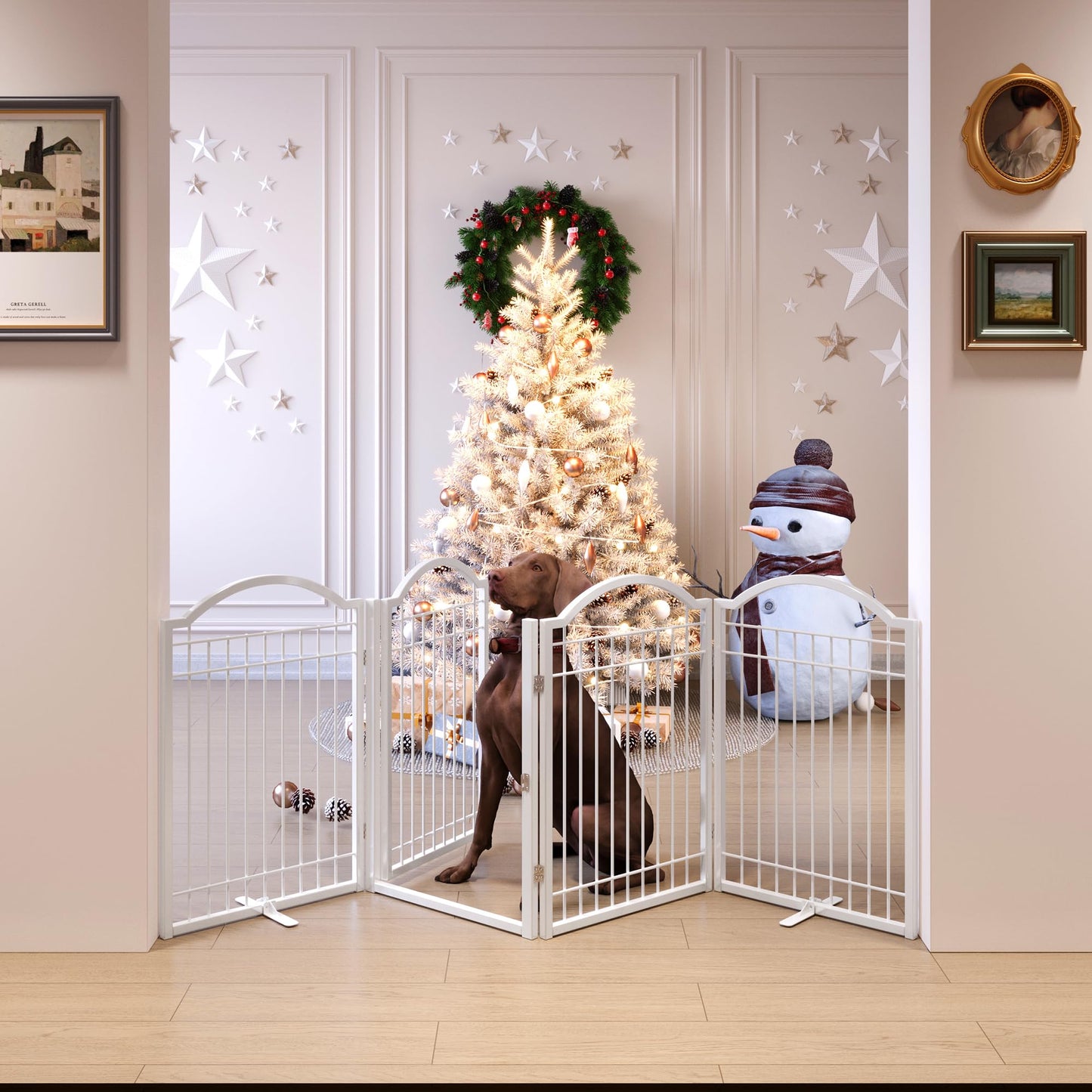 BHG Metal No-Assembly Freestanding Dog Gate with Door Walk Through, Extra Wide 96", Extra Tall 32" Pet Gate, Accordion Puppy Folding Playpen Dog Fence, with 2PCS Support (White, 4 Panels)