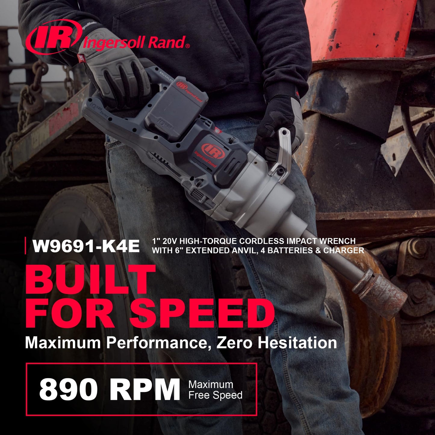 Ingersoll Rand W9691-K4E Cordless 1" High-Torque Impact Wrench Kit with 2" Extended Anvil, Includes 4 BL2022 5.0Ah Batteries and Dual-Bay Charger