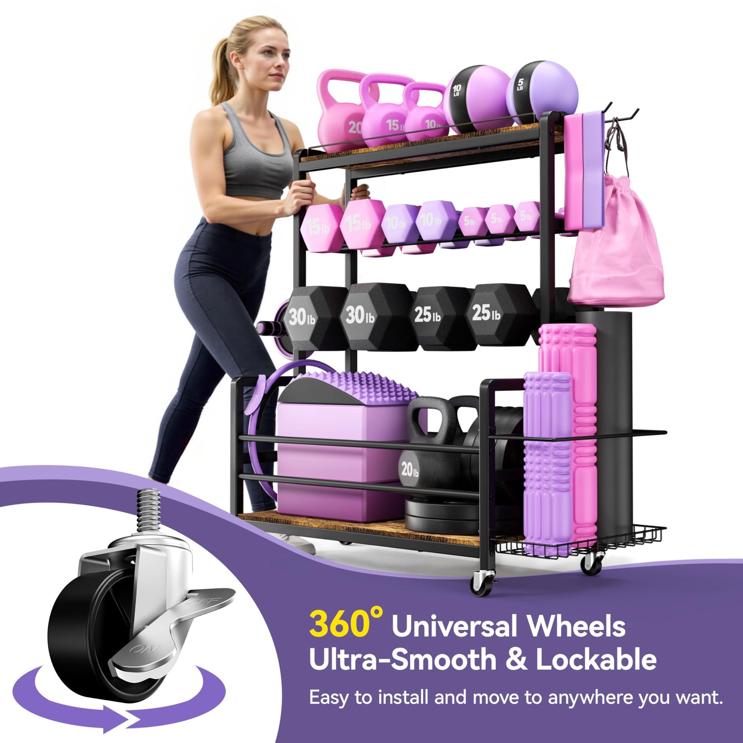 Dumbbell Rack with Wheels, 3-Tier Home Gym Storage Rack, Workout Equipment Organizer with Lockable Casters, Hooks, Side Basket and Wood Shelves