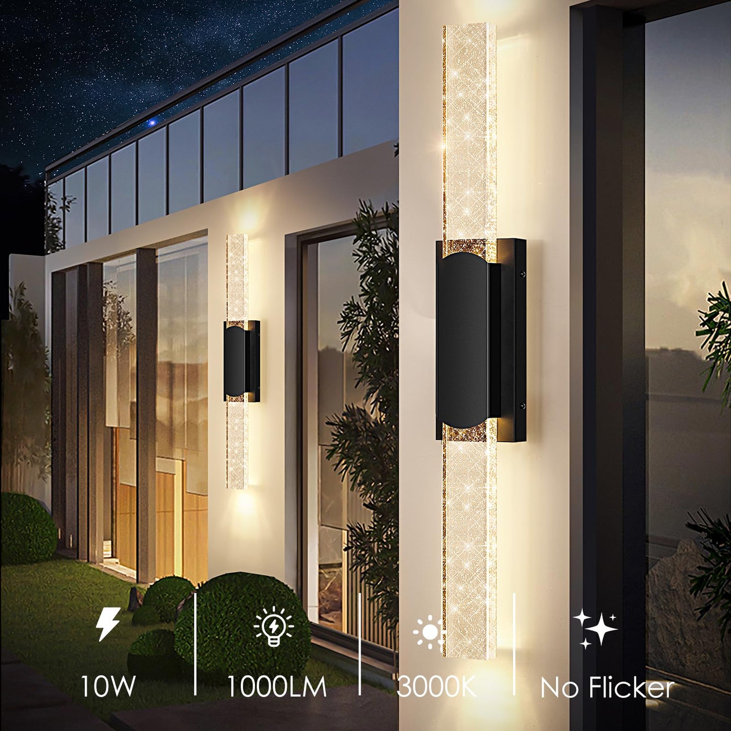 BesLowe Outdoor Wall Light Fixture, 35.3in Waterproof LED Lantern, Black Aluminum, Model B04059L, Crystal Bubble Glass