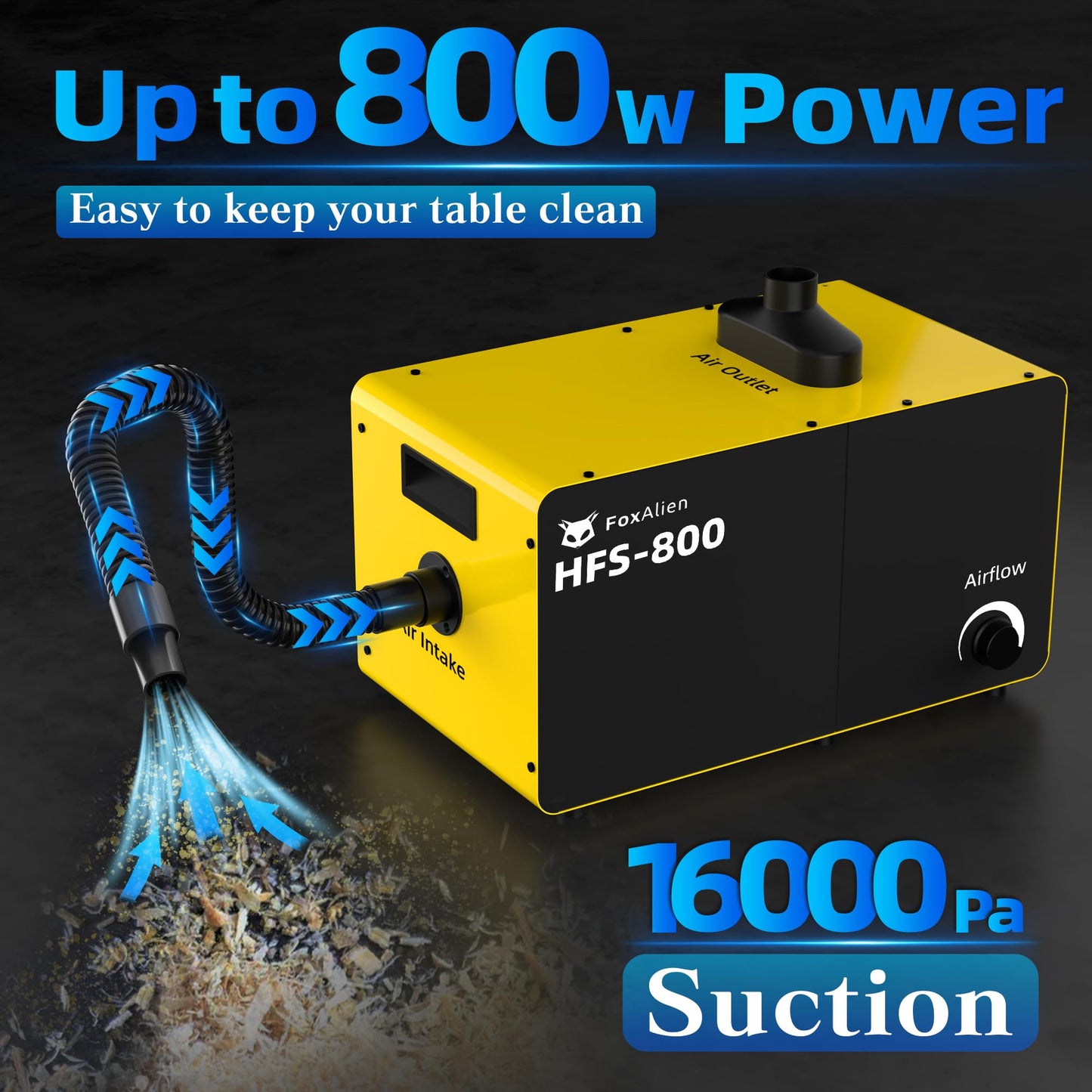FoxAlien 800W Desktop Dust Collector HFS-800, Powerful Vacuum System with Cyclone Separator, HEPA & Carbon Air Filtration for Woodworking and Acrylic Cutting, Adjustable Airflow, 110V