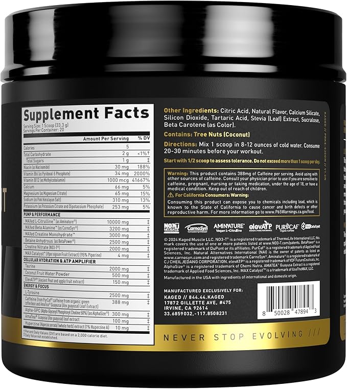 Kaged Pre Workout Powder Pre-Workout Elite for Men & Women, High Stimulant for Energy, Focus, Pumps, L-Citrulline, Beta Alanine, Creatine & 388mg of Organic Caffeine, Orange Mango