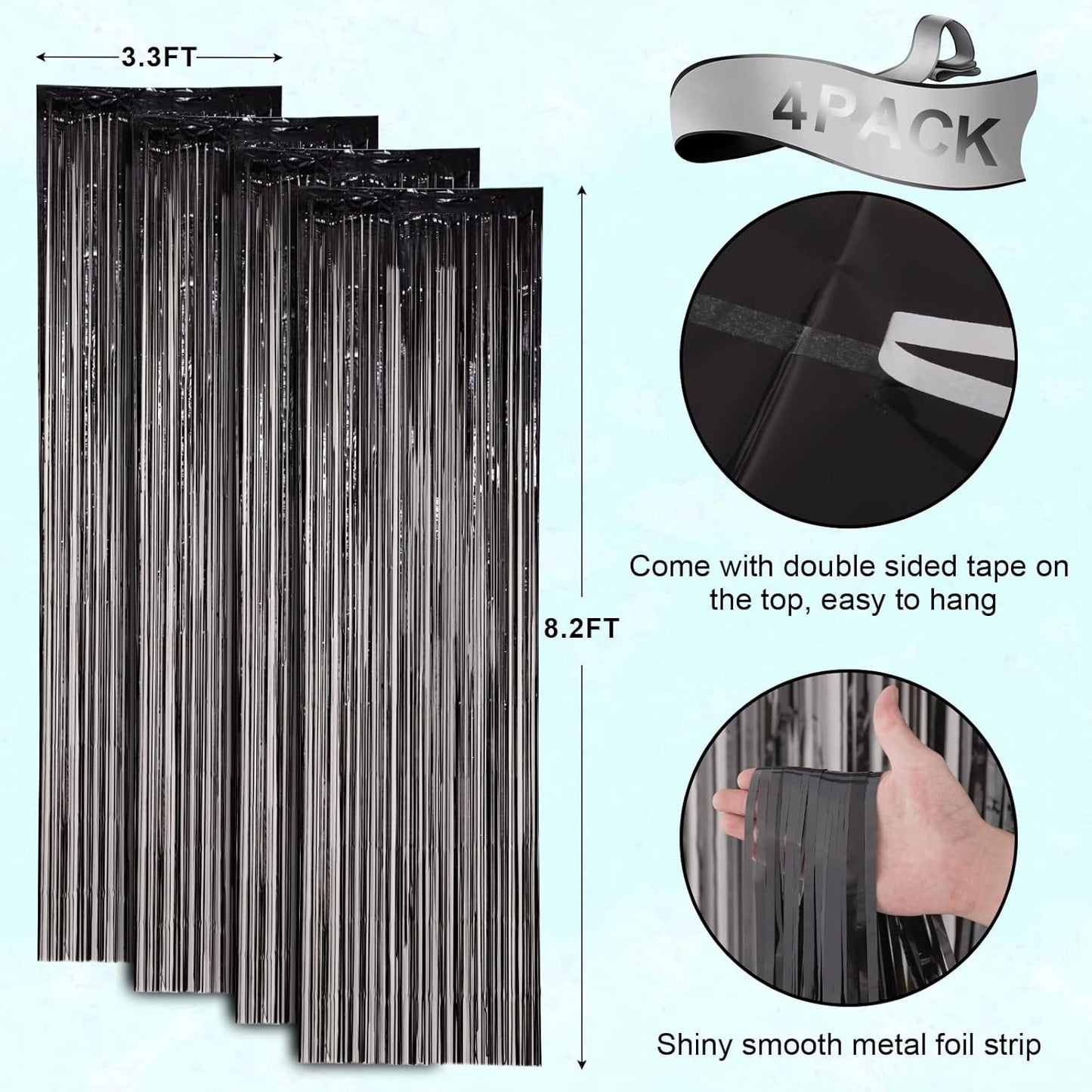 Voircoloria Black Foil Fringe Backdrop Curtains - 4 Pack Tinsel Streamers for Parties & Events