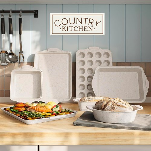 Country Kitchen Nonstick Bakeware Set - Durable, Easy Release, Stackable Design | 10 Pieces in Cream