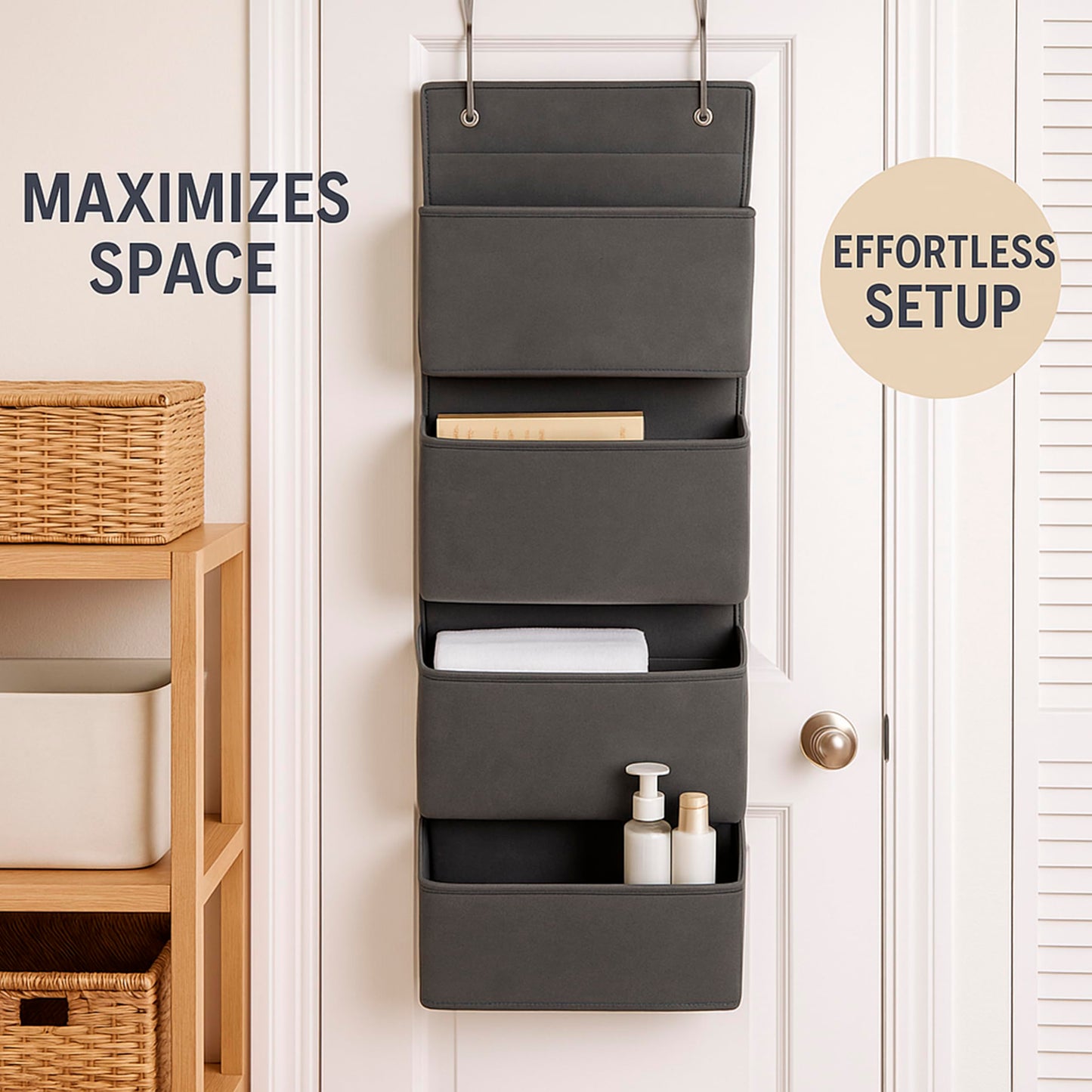 Joyful Moose Over the Door Hanging Organizer Closet Storage Bins Grey