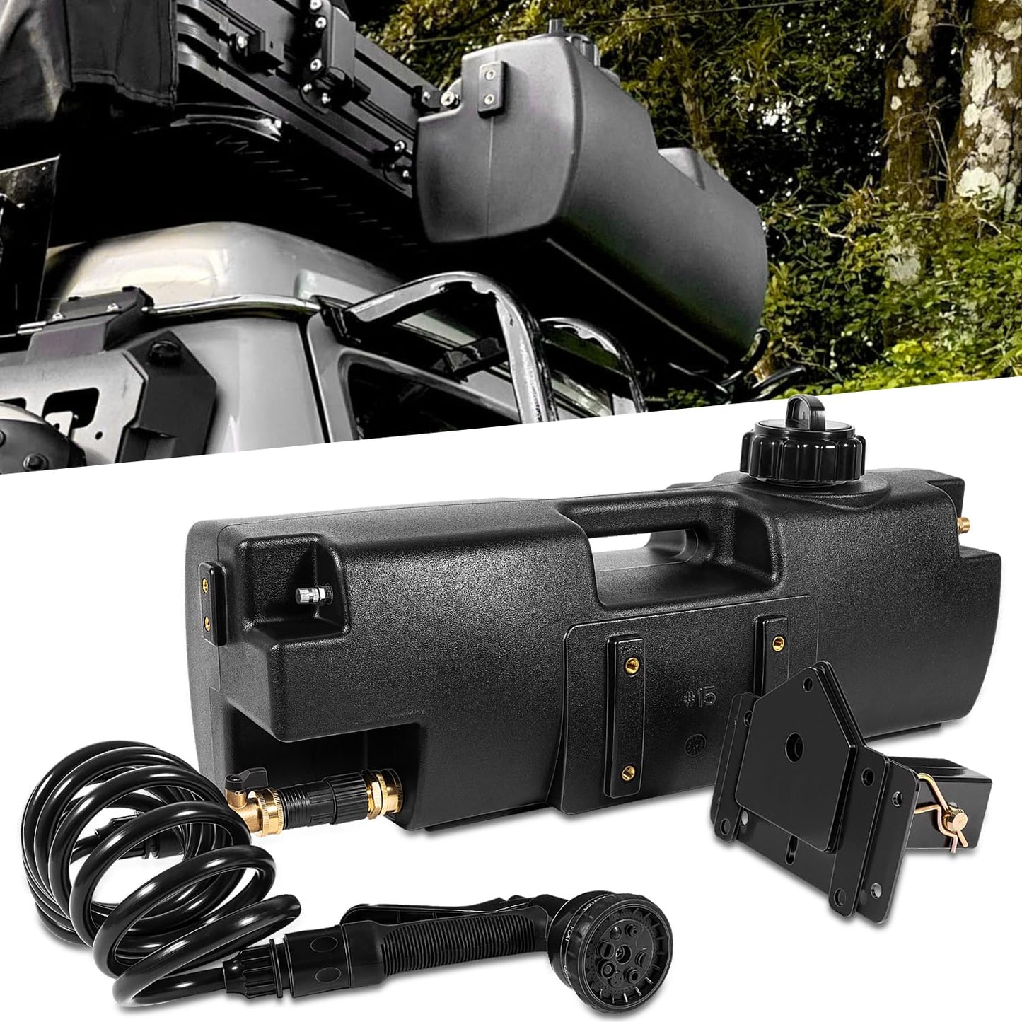 4.0 Gallon Pressurized Water Tank, Portable Camping Shower Water Storage with Spray Hose Bumper Mount or Bed Mount for Pick-up Trucks & Off-Road Vehicles Outdoor Activities Water Supply