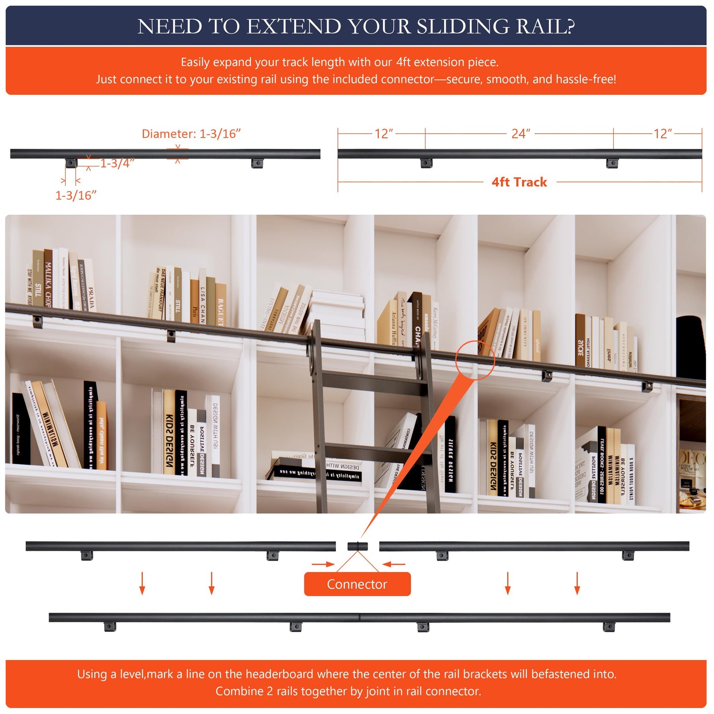 HARDJULAN 87" Black Sliding Library Ladder with 4FT Hook Track – Lightweight Aluminum Rolling Ladder with Braking Wheels, Space-Saving Rail Mounted Ladder System for Home Library, Closet & Storage