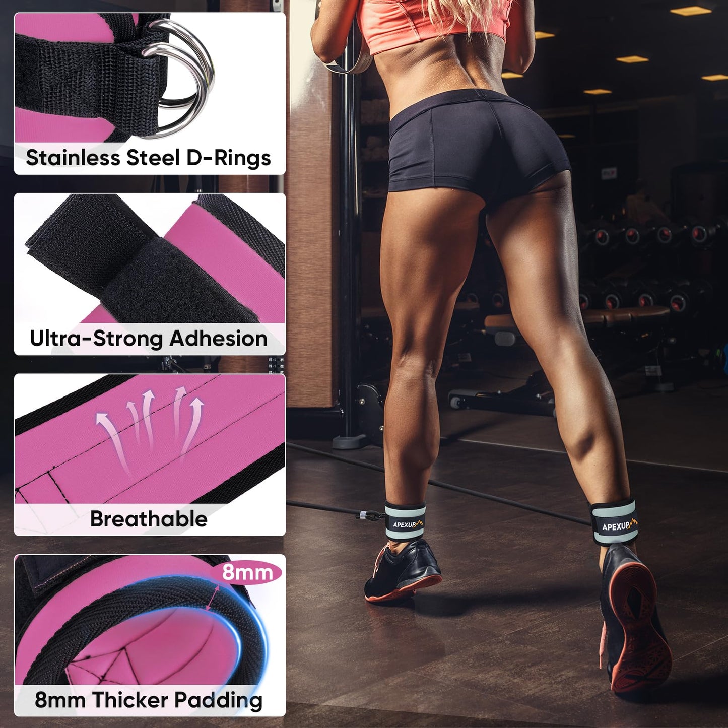APEXUP Ankle Strap for Cable Machine, Ankle Resistance Bands, Cable Kick Back Straps for Gym, Glute Workouts, Leg Extensions, Adjustable Straps with Neoprene Padding (Pair, Rose Red)