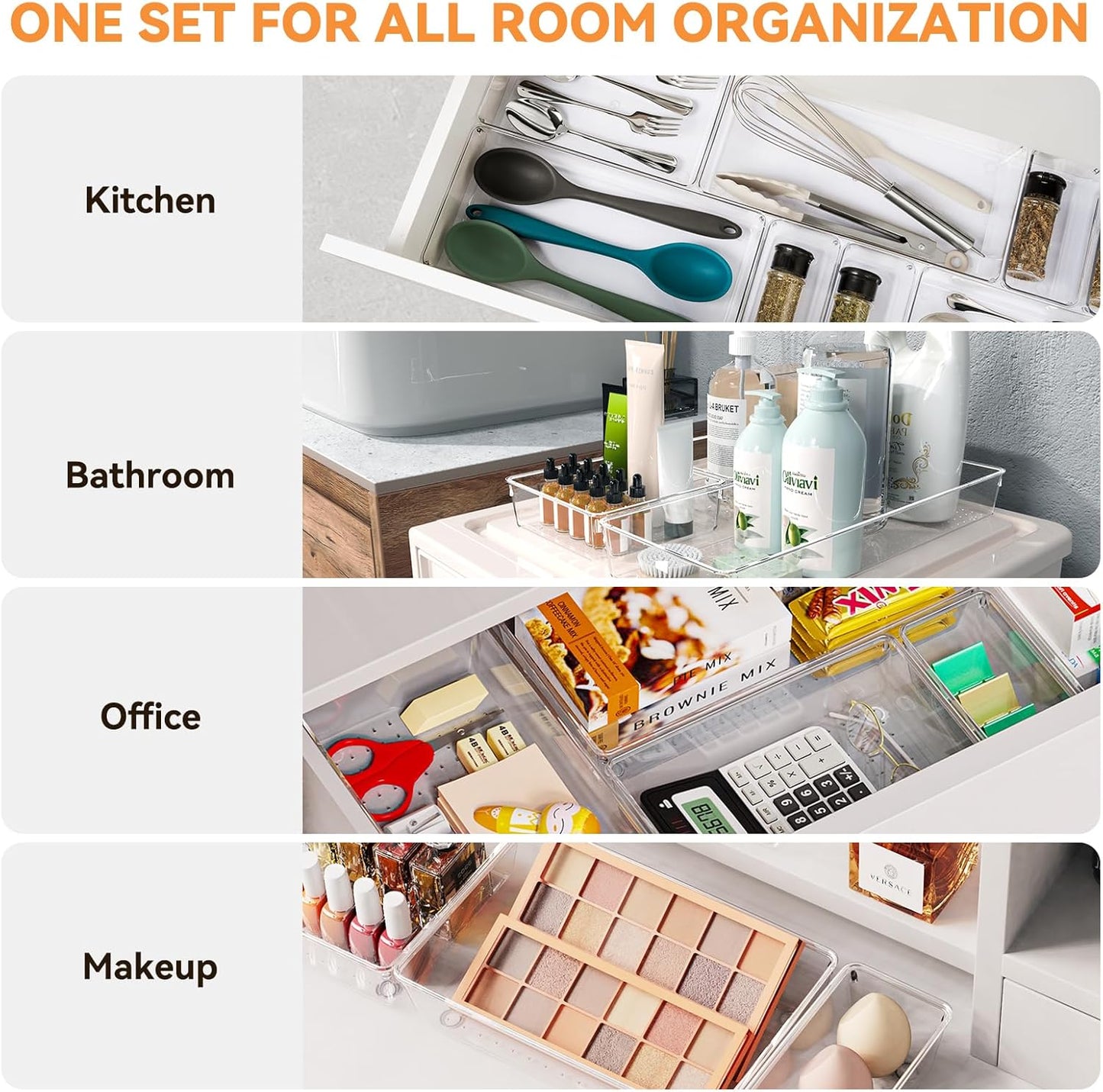 Skiennix 6-Pack Large Clear Plastic Drawer Organizer Trays - Non-Slip Storage Bins for Makeup, Kitchen Utensils & More