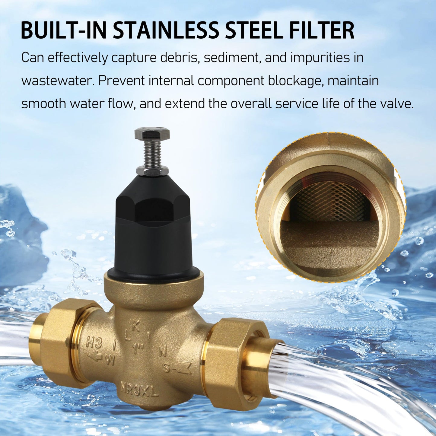 1-NR3XLDU 1" NR3XL Pressure Reducing Valve with Double Union FNPT Connection,Water Savings And Energy Savings Fits Home & Public Entrances