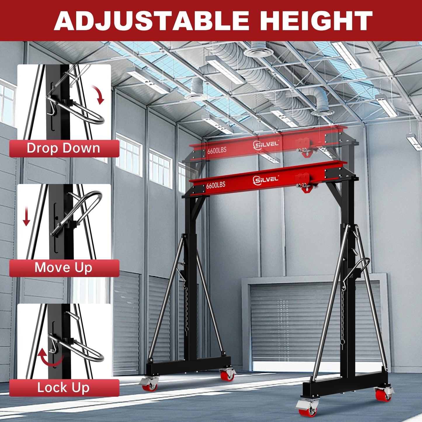SILVEL 3 Ton Gantry Crane, Max 6600Lbs 8.53FT Maximum Capacity Width, Adjustable Height 8.53-12.47FT, Portable Shop Lift Hoist with 3 Ton Manual Trolley for Factories, Warehouses, Garage, Red
