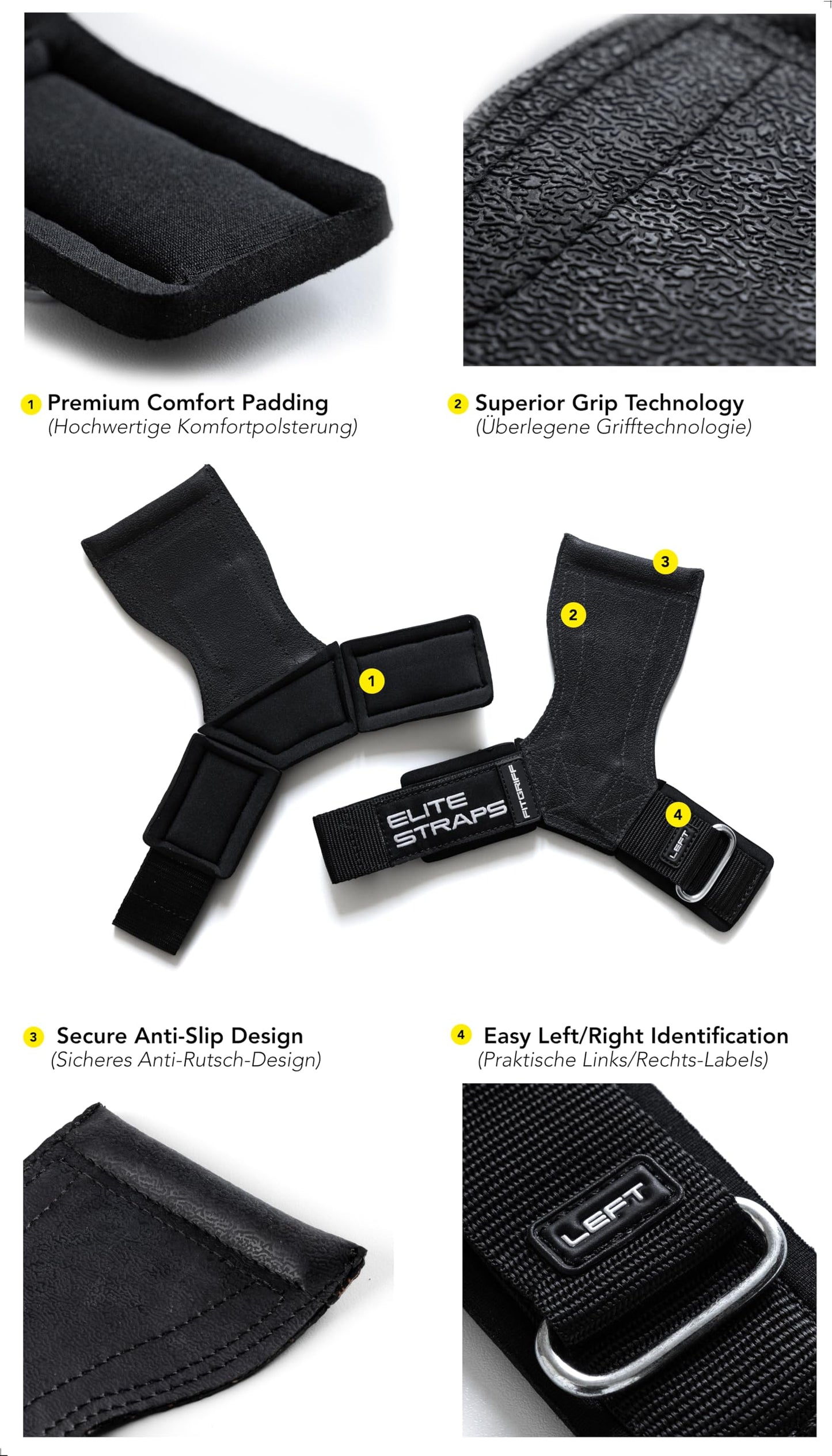 Fitgriff® Elite Straps - Lifting Wrist Straps (Rubber Grips) for Weightlifting, Gym, Workout, Deadlift - Anti-Slip Revolution for Men and Women (Black, S/M)