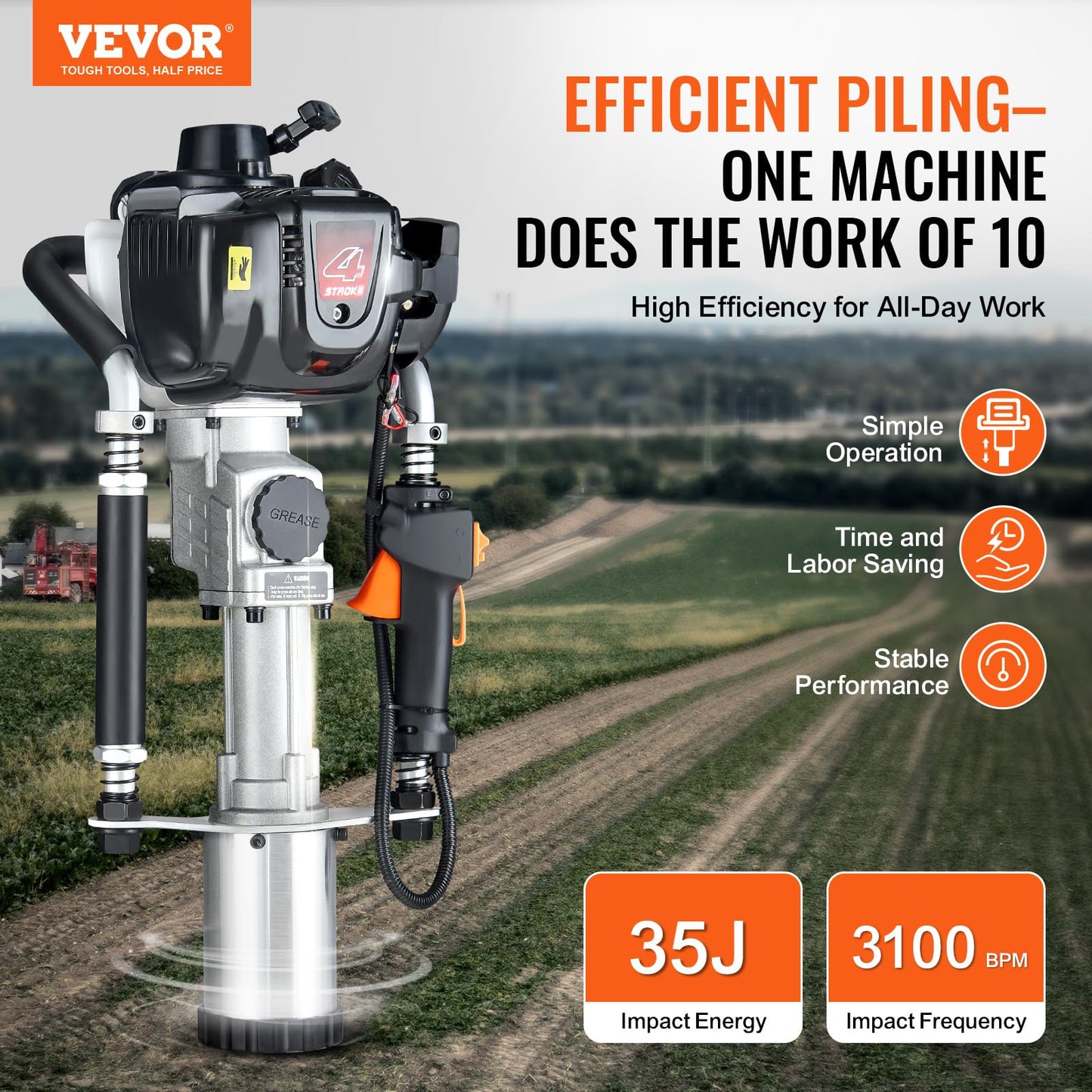 VEVOR 37.77cc Gas-Powered T Post Driver, 4-Stroke Engine Gasoline Fence Piling Pounder, with 3 Post Driving Head(45/55/88 mm), 1000W Portable Piledriver For Farm, Ranch Fencing, Road Improvements
