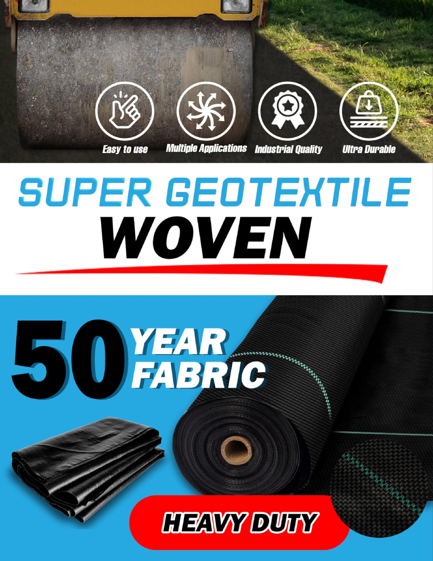 Super Geotextile Woven Geotextile Fabric for Driveway and Road Stabilization, Construction Underlayment, Erosion Control, Commercial Grade 50 Year for Gravel Roads and Pavers (6x100)