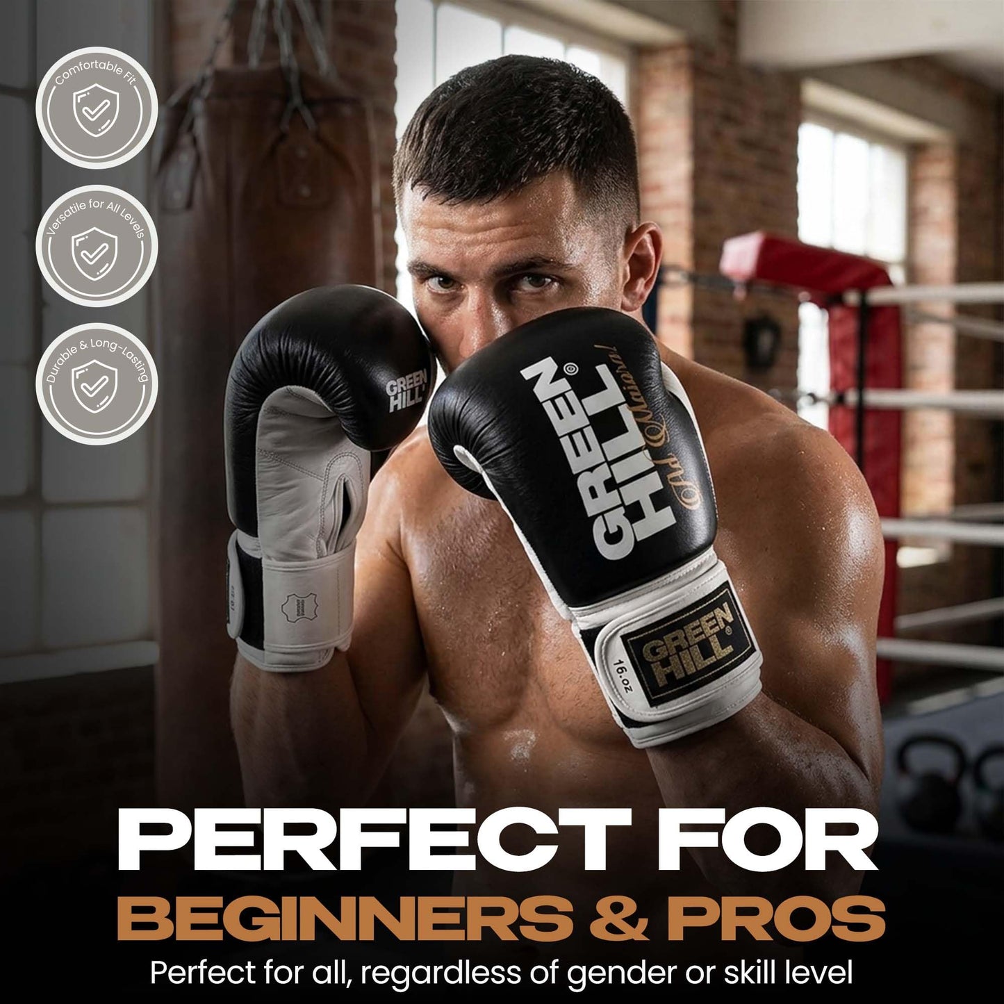 Green Hill Legend Boxing Gloves – Professional Leather Training & Sparring Gloves for MMA, Muay Thai & Kickboxing –Wrist Support, Breathable Design - Black/White 16oz