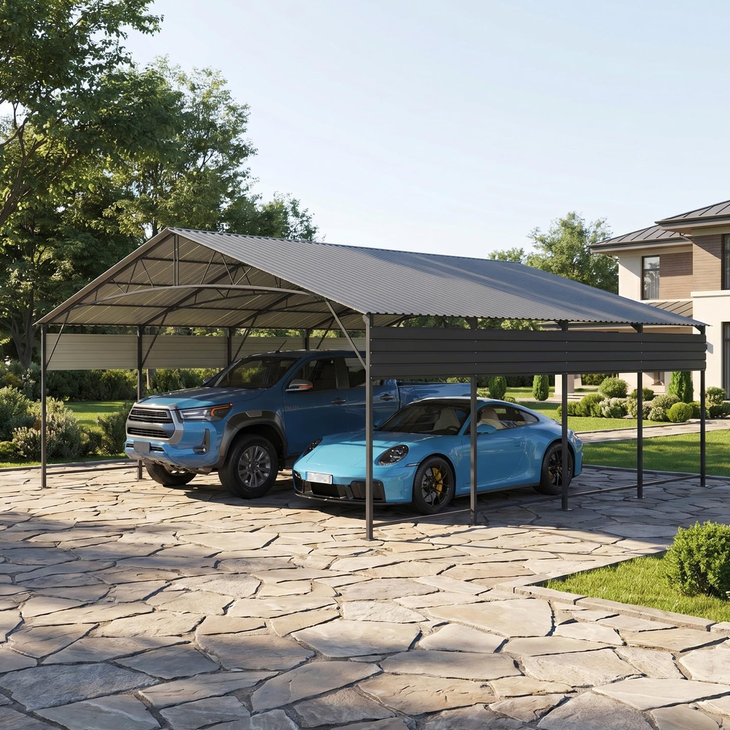 Patiowell 20x20 FT Metal Carport, Heavy Duty Oversized Carport with Reinforced Frame and Galvanized Steel Roof, All-Weather Garage Car Port Shelter for 2 Cars, Trucks, Boats and Tractors, Black