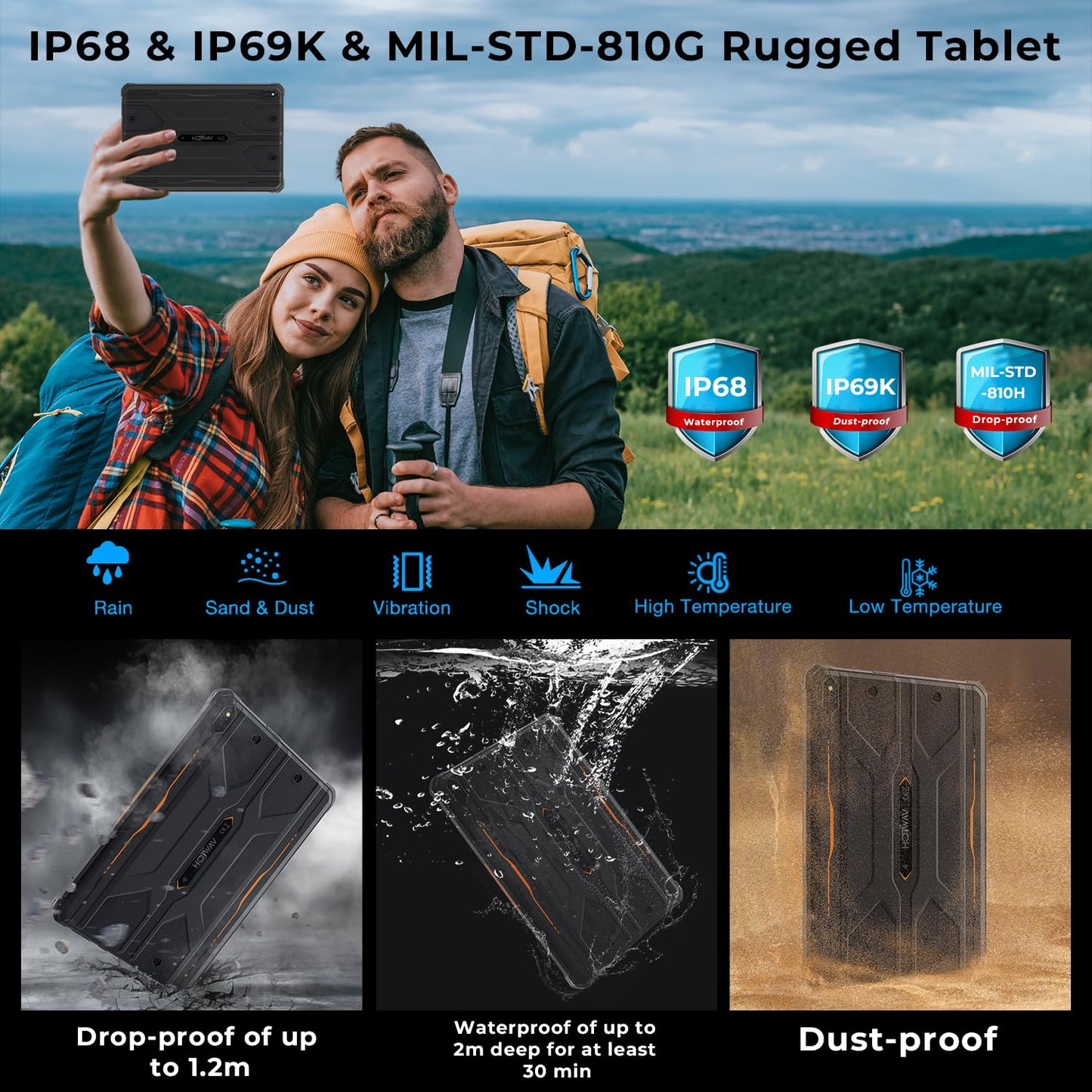 HOTWAV R8 Rugged Tablet Android 14, 10.1 inch HD+ Display 10800mAh Battery, Octa-Core 12GB RAM+128GB ROM+1TB Outdoor Tablet, 13MP+5MP Camera IP68/IP69K Waterproof, 4G Dual SIM/5G WiFi/BT5.1/GPS
