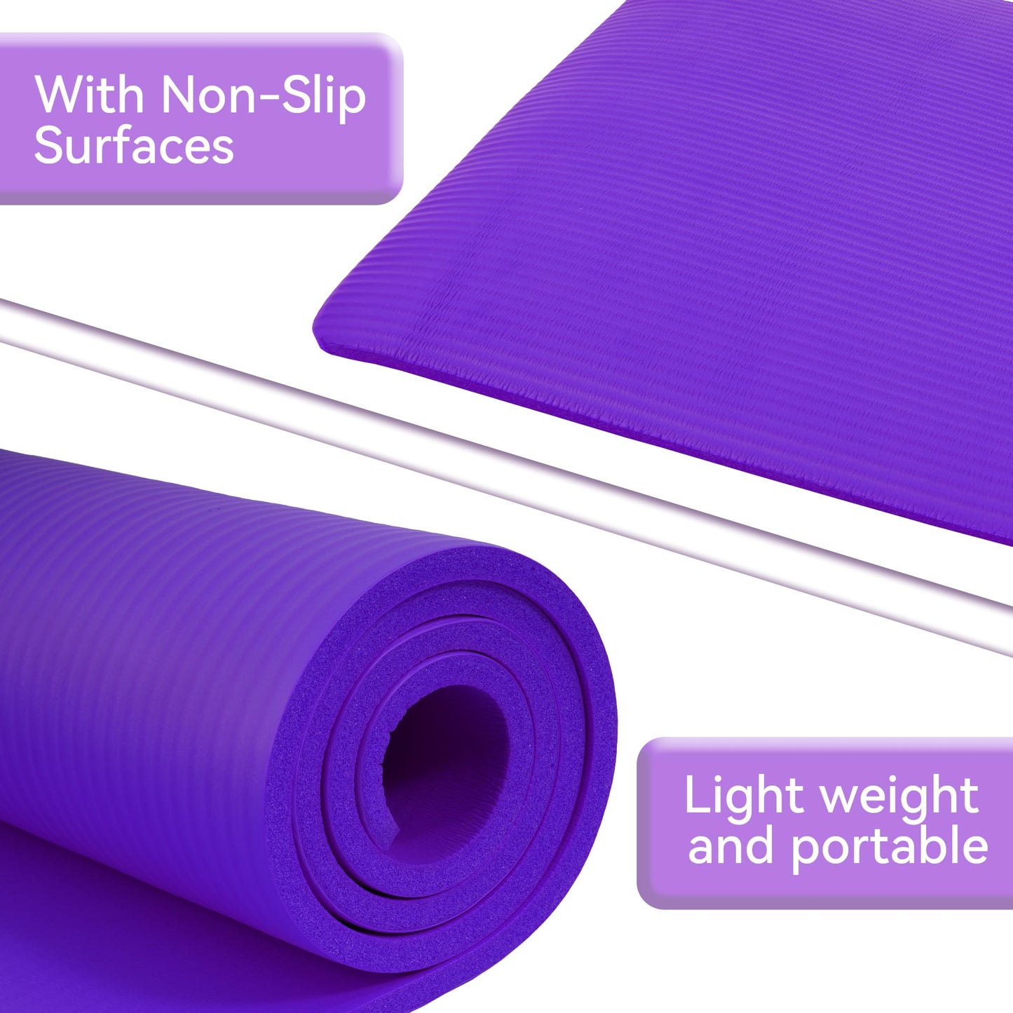 Fitvids 1/2-Inch Thick High Density Foam Exercise Yoga Mat with Carrying Strap, For Cushioning The Body Against Hard Floors, Purple