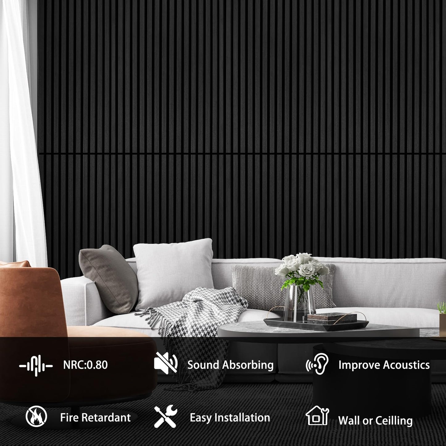 Yun-aeon Matte Black 4 Pack Wood Slat Acoustic Panels 47.2 x 23.6 Inch 3D Fluted Design for Sound Absorbing Wall and Ceiling Noise Reduction Home Theater Office Modern Decor