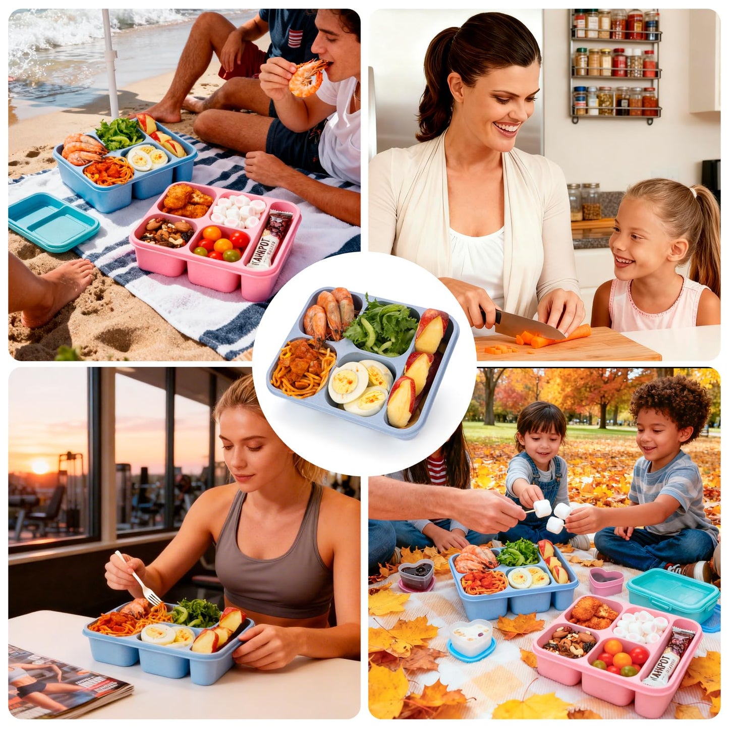 Bento Box Adult Lunch Box 5 Compartment Snack Containers for Kids, Reusable Food Storage Meal Prep Lunch Containers - Stackable BPA-Free Wheat Straw Bento Box for School, Work, Travel (4 Pack)