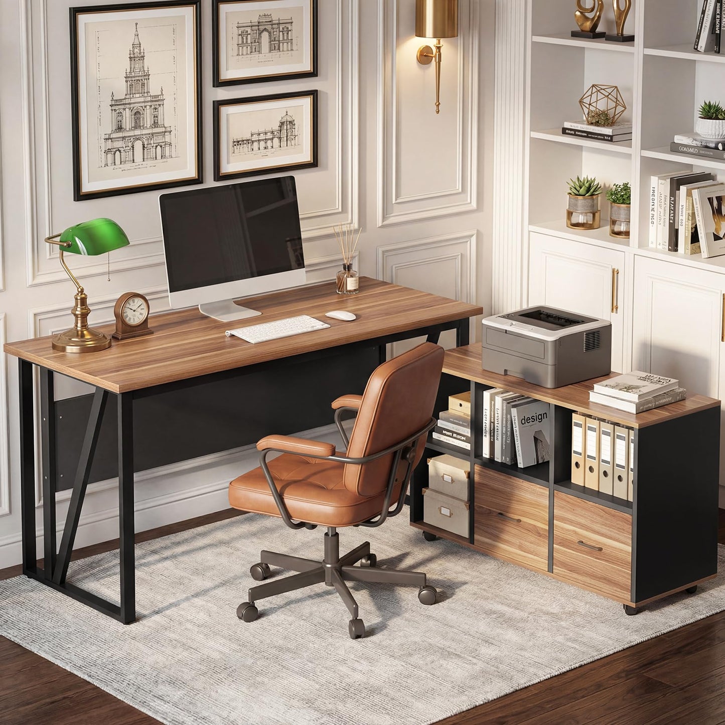 Tribesigns 55-Inch Executive Desk with 43" Mobile File Cabinet, L-Shaped Computer Desk with Drawers & Shelves, Large Industrial Home Office Desk Set with Storage, Brown & Black