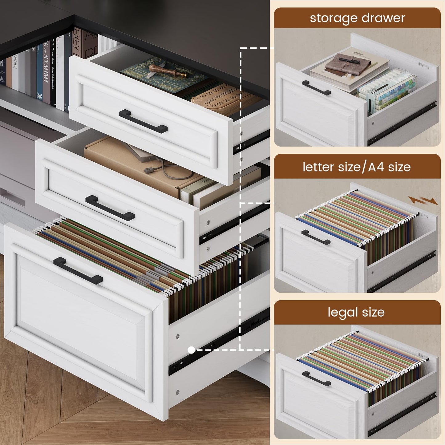 SEDETA Farmhouse 61" Executive L Shaped Desk, Home Office Desk with File Drawers, Computer Desk with Power Outlets and Storage Shelves for Home Office, White