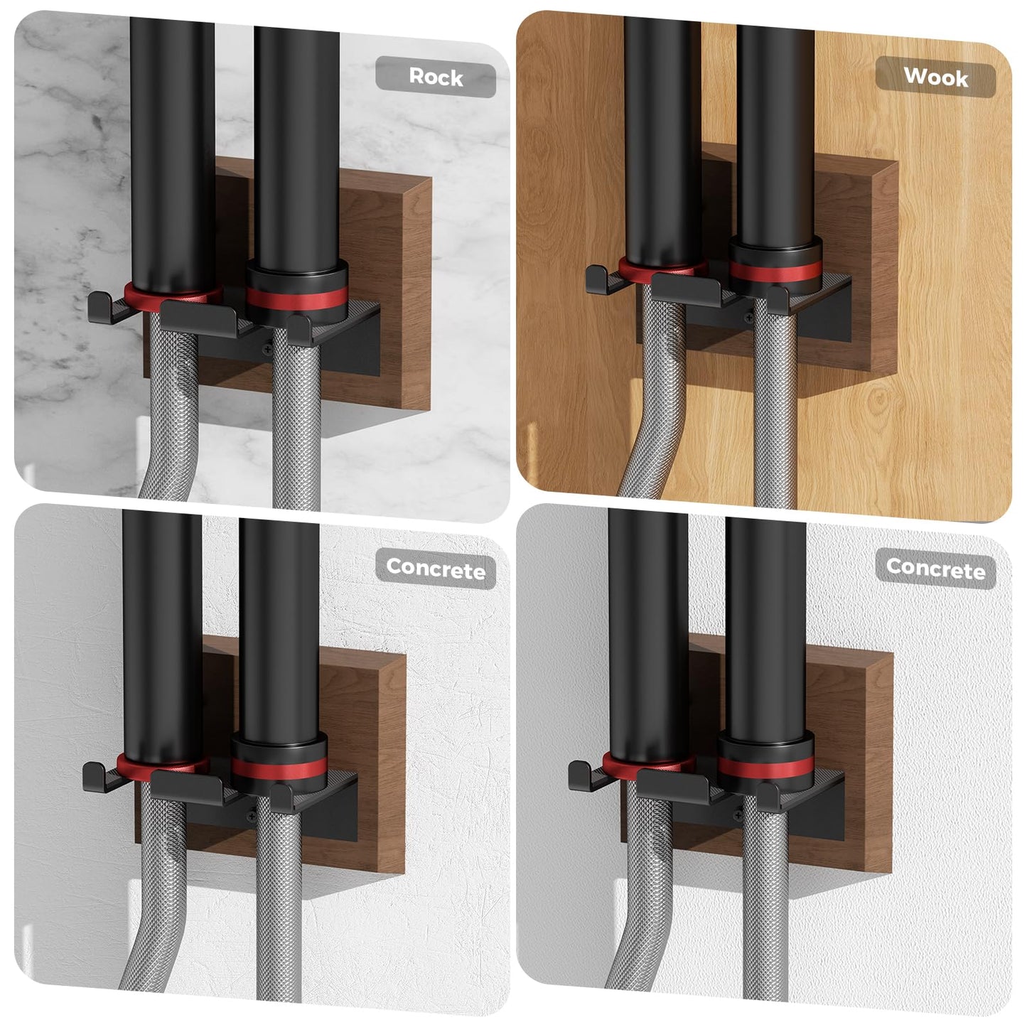 DEMEGA Barbell Wall Mount for 2 Barbells, Olympic Barbell Holder for Garage Gym, Vertical Bar Rack with Wooden Spacer Pad - Black Powder Coated Iron & Rubber Wood Base, Anti-Scratch Wall Protection & Extra Stability on Uneven Walls - Space Saving Home Gym