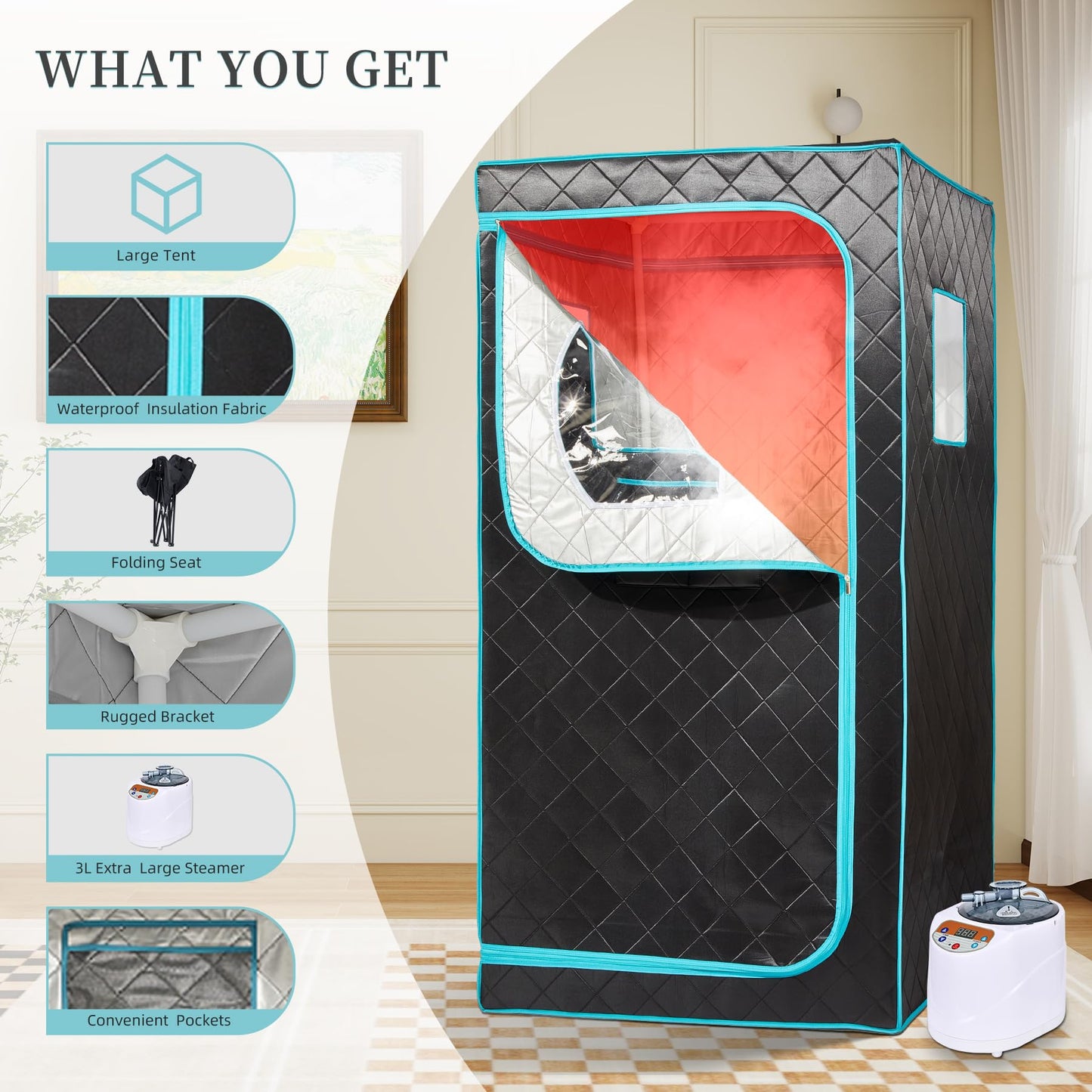 AURGOD Portable Steam Sauna– Red Light Therapy Home Sauna Tent with 3L & 1500W Steamer, Remote Control Time & Temperature Settings, Foldable Chair Included for Relaxation