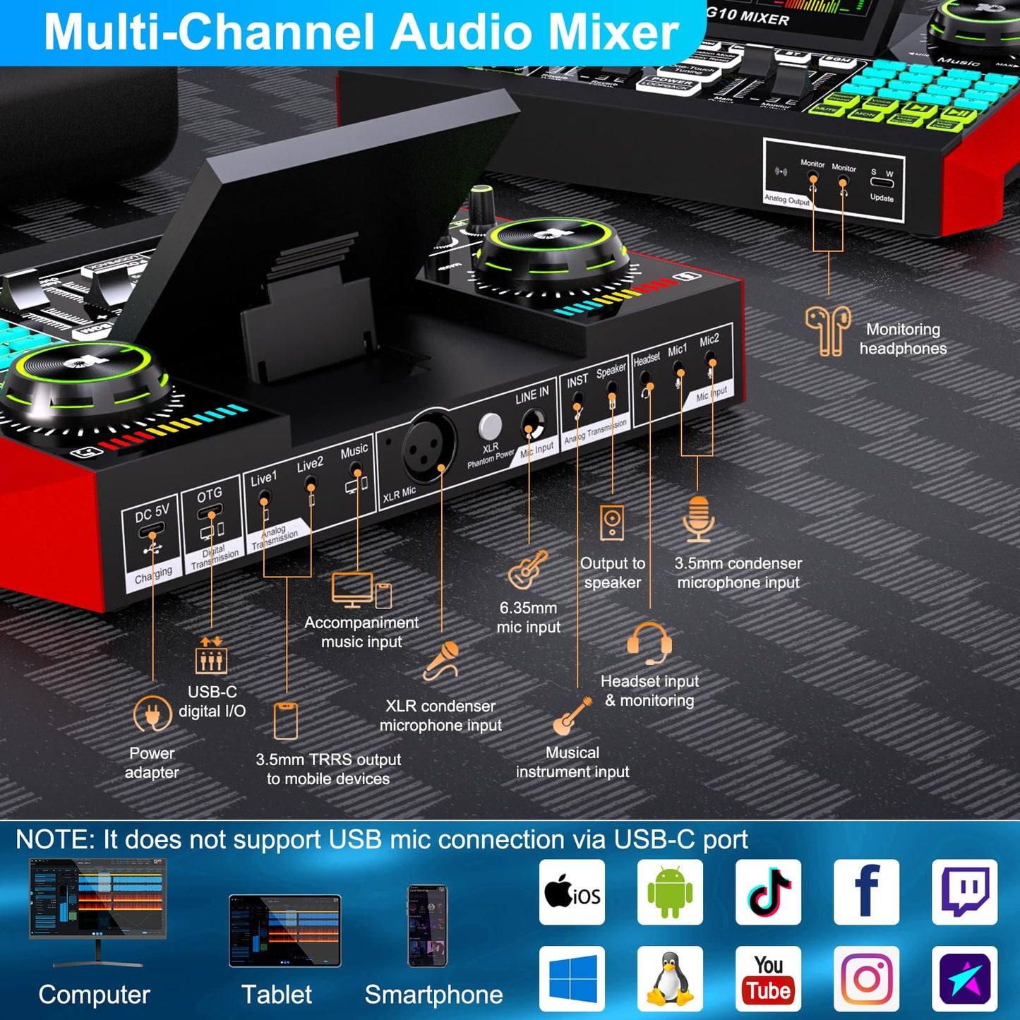 Podcast Microphone Bundle with Live Sound Board Audio Mixer, Podcast Equipment Bundle with 3.5mm Condenser Microphone(P15) for Pc/Phone Live Streaming Singing Gaming, Voice Changer, Denoise