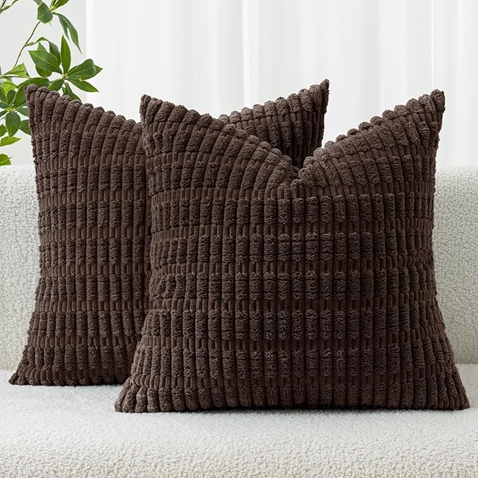 MIULEE Pack of 2 Corduroy Decorative Throw Pillow Covers 16x16 Inch Soft Boho Striped Pillow Covers Modern Farmhouse Home Decor for Sofa Living Room Couch Bed Dark Brown
