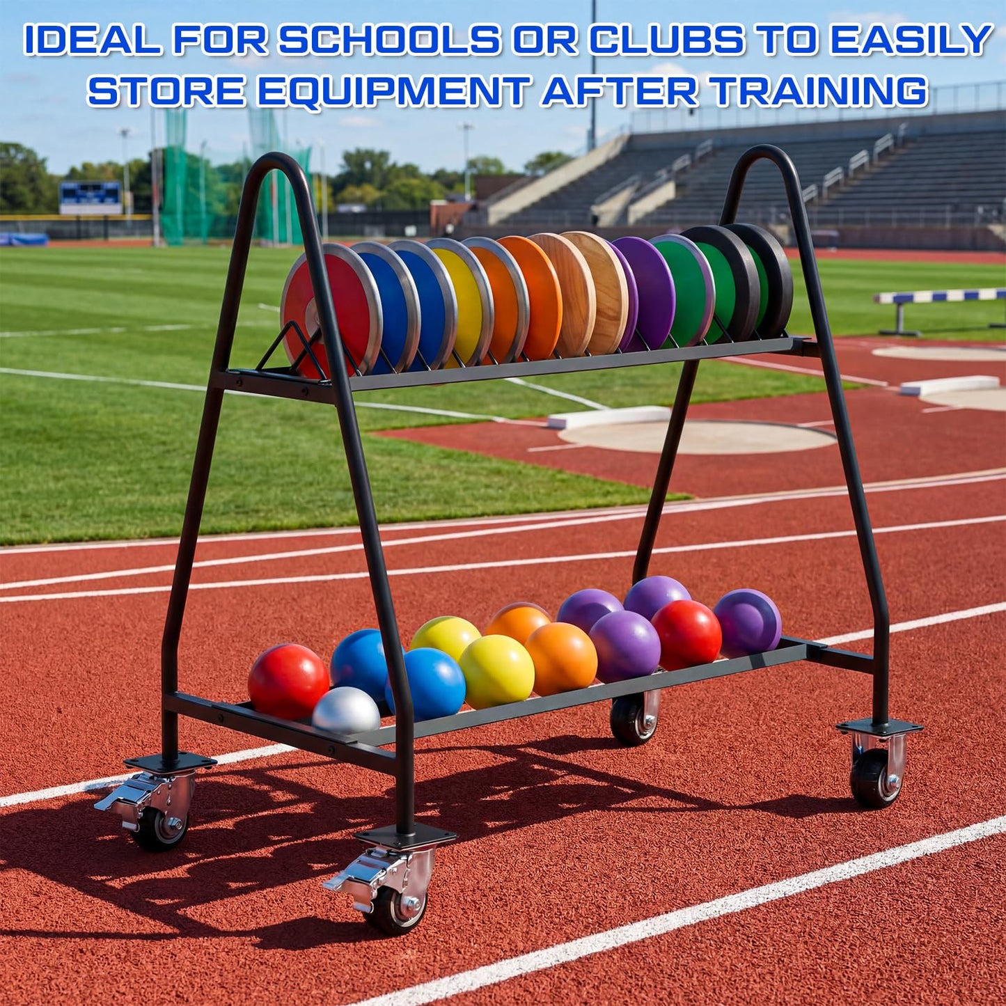 Silipull Mobile Shot Put Discus Storage Rack Cart Heavy Duty Athletic Throwing Equipment Trolley with 4 Wheels, Holds 15 Discus & 20 Shot Put for Gym, School PE and Track & Field Gear Organizer
