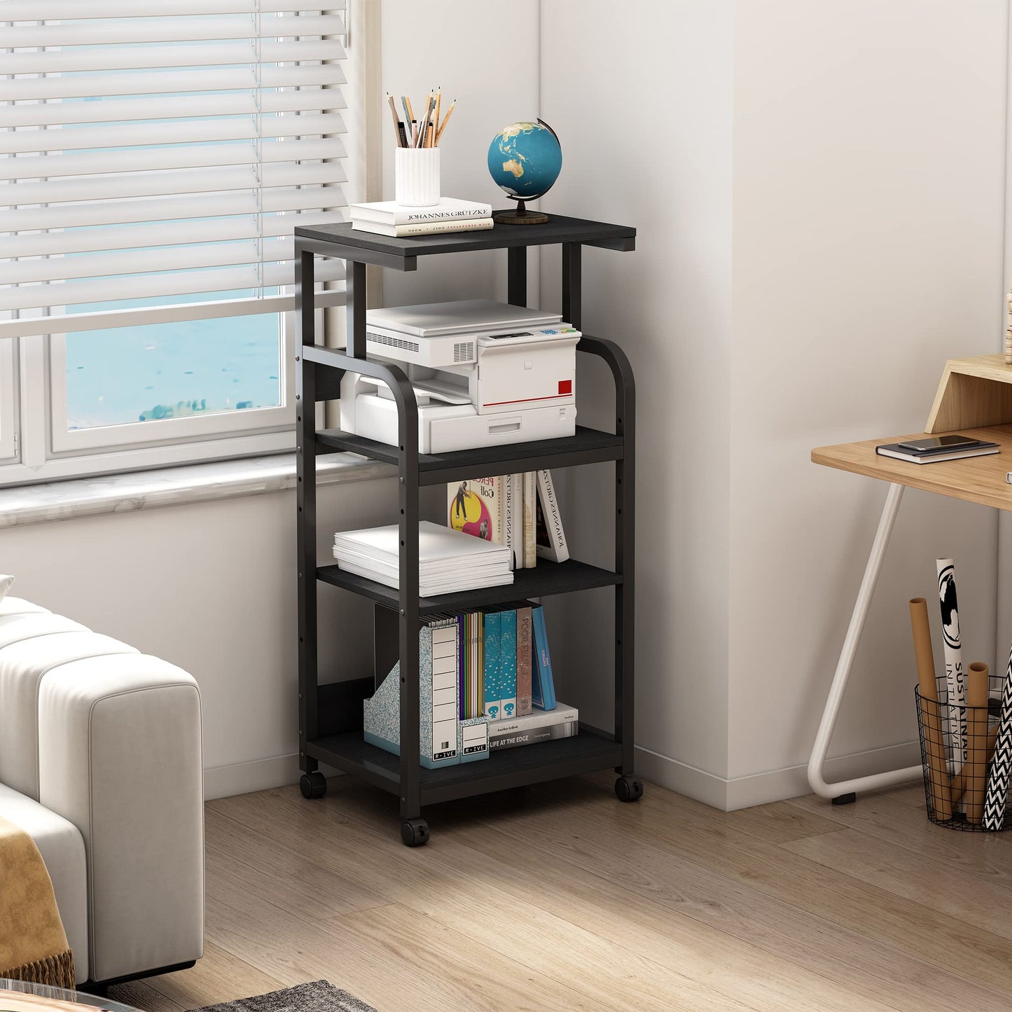 Fannova Printer Stand with Adjustable Shelf, 4 Tier Large Tall Printer Table with Wheels for Home Office Storage and Organization, Rolling Stand Cart for Computer Tower CPU Shredder, Black