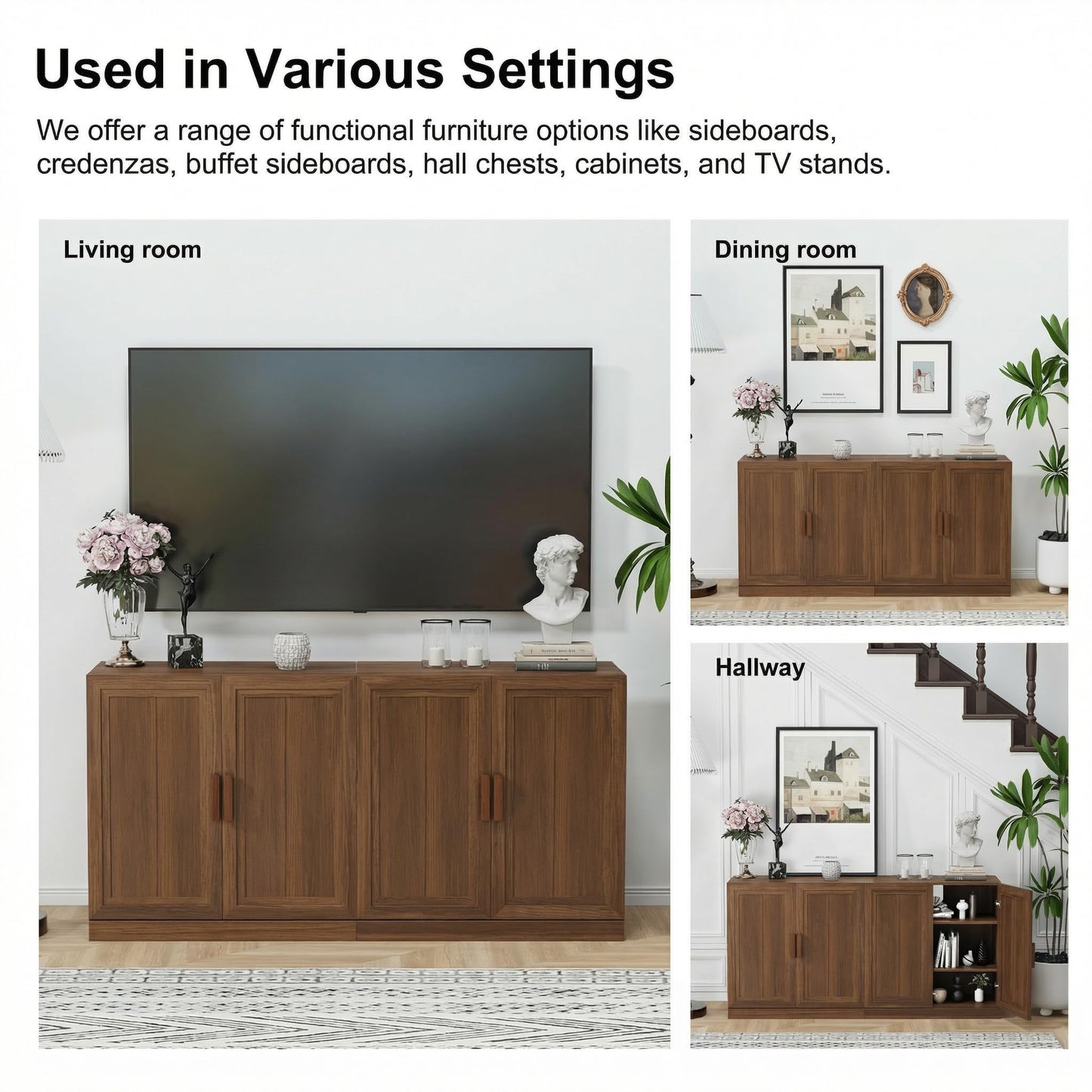 Casaphoria Adam Sideboard Buffet Cabinet with Storage, Sideboard Cabinet with Rattan Doors & Adjustable Shelves, 62" W x 31" H Coffee Bar for Entryway Kitchen Living Room, Walnut