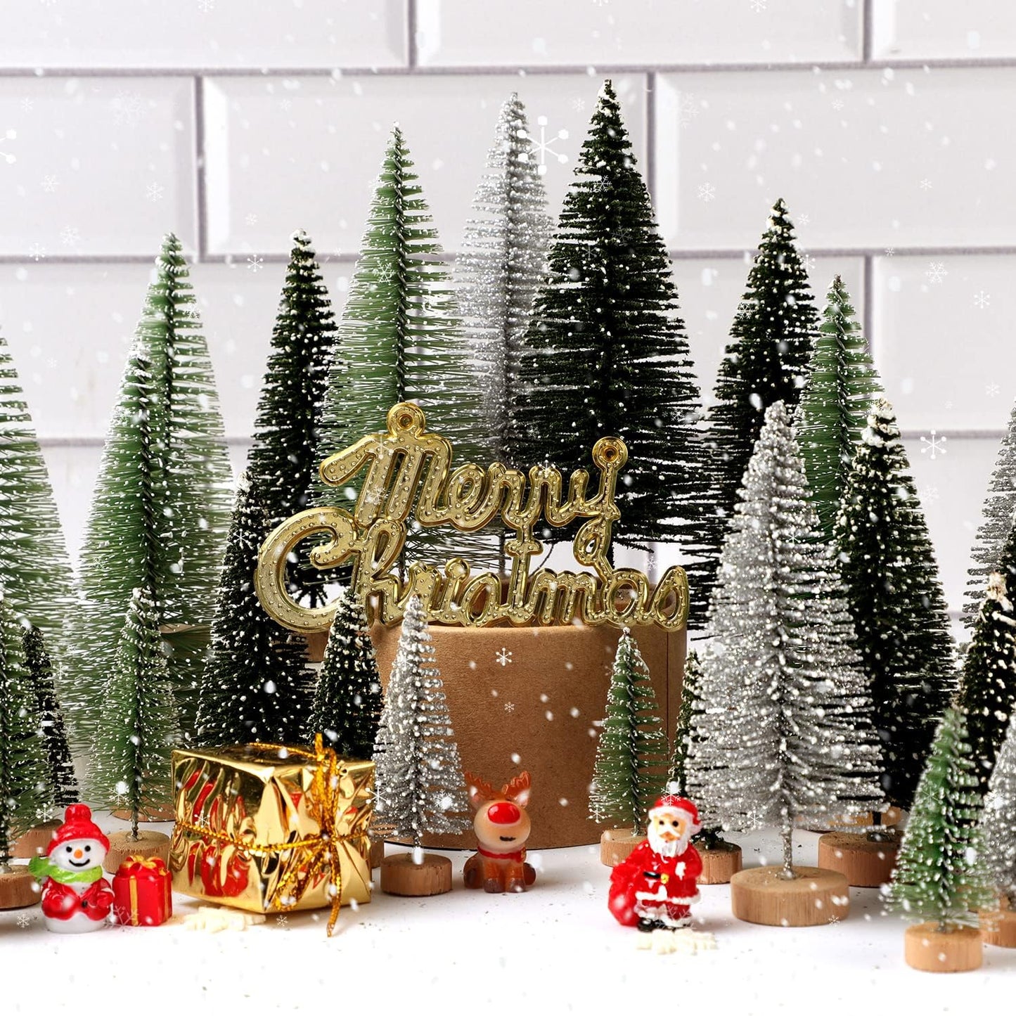 Skiennix Mini Christmas Trees - 30Pcs Artificial Bottle Brush Trees with Wooden Base for Holiday Decor