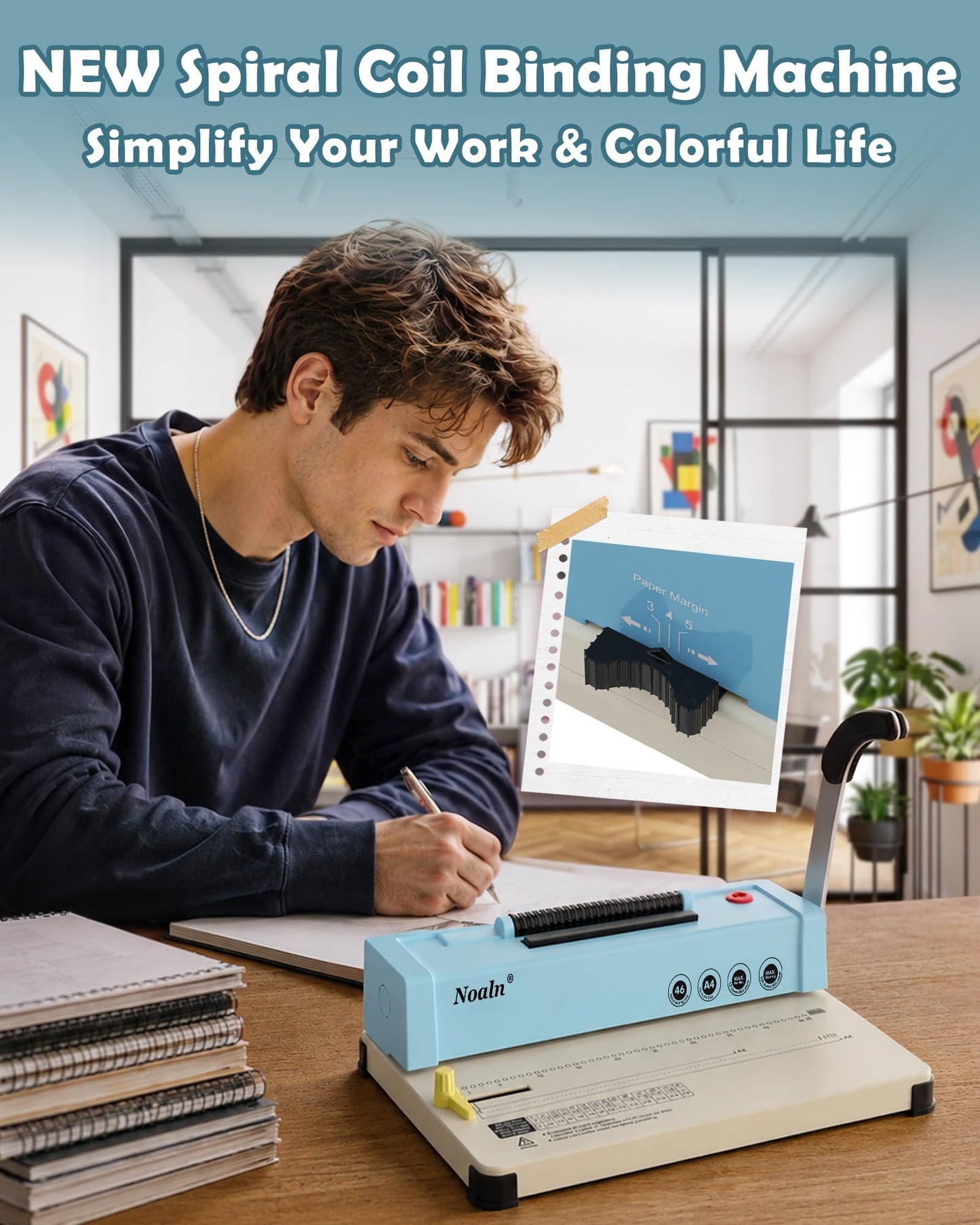 46-Hole Binding Machine Spiral Coil Binder Classic Blue,DIY Book Binder Kits with Electric Coil Inserter,100pcs Comb Binding Spines,for Letter Size/A4/A5 School Office Home