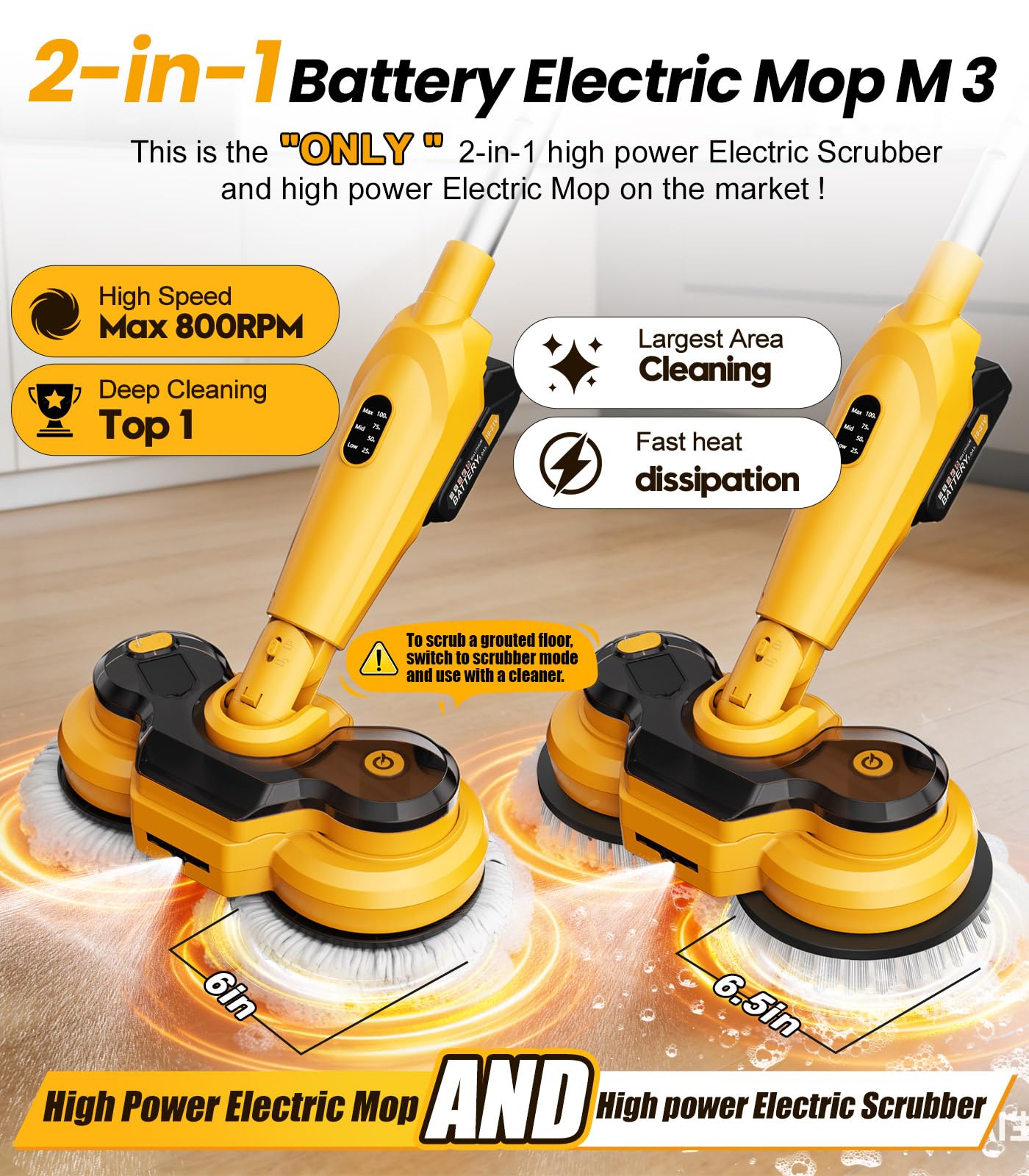 qimedo 6000mAh Battery Cordless Electric Mop M3, 800RPM Electric Power Scrubber & Mops for Floor Cleaning, Automatic Spin Mops with Smart Display,Rotating Mop with LED Light & Water Spray