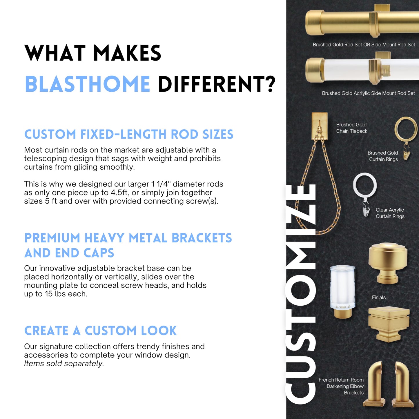 BlastHome® Non-Adjustable Luxury Extra Long Curtain Rod, 1 ¼” Rod Set, 14 foot Fixed Length (Three Rods Connect for a Seamless Look), Brushed Gold