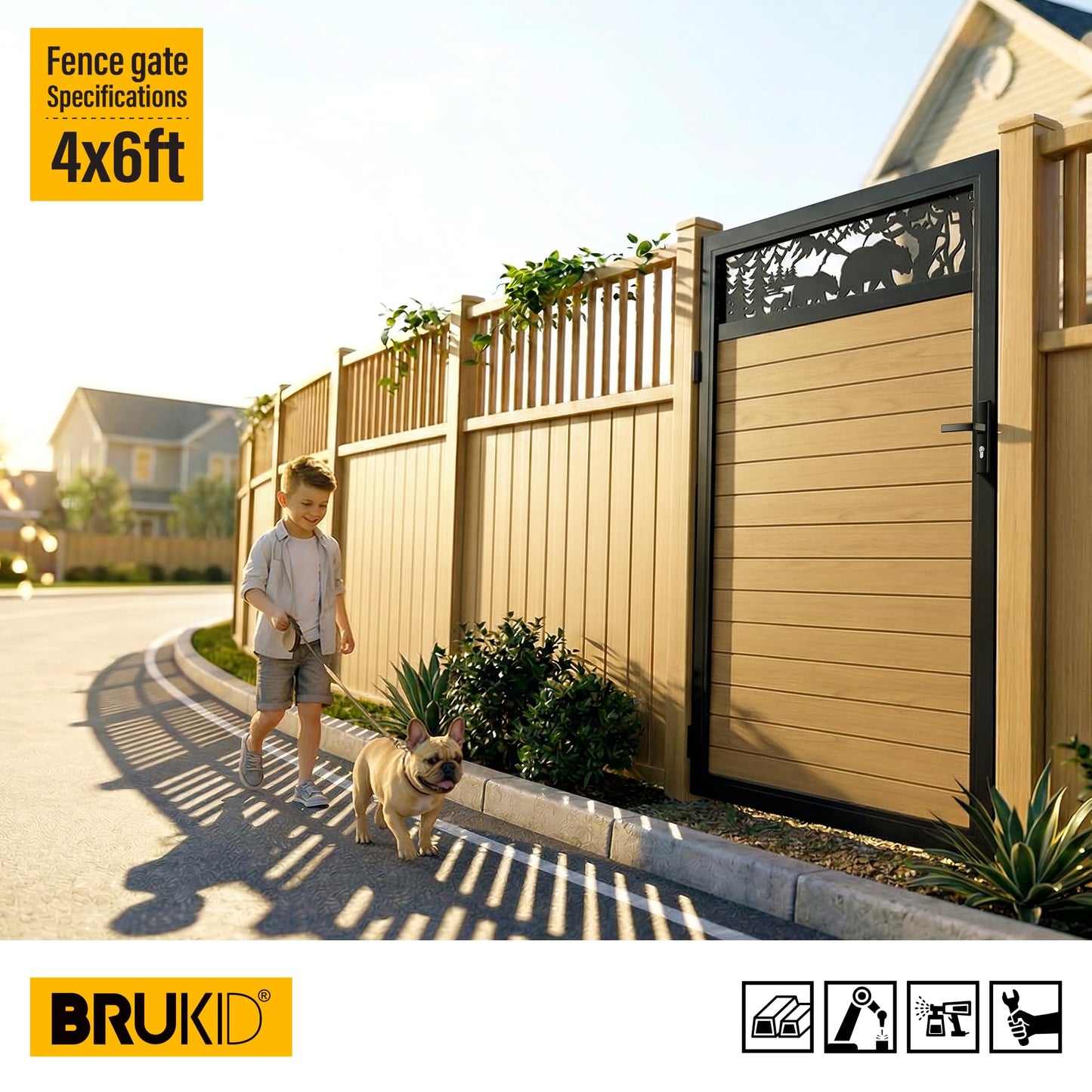 Brukid 4x6 FT Aluminum Fence Gate Kit Wood Grain Aluminum Gate with Decorative Cutout, Lock & Hinges, Left/Right Opening, Weather Resistant for Yard Garden Patio