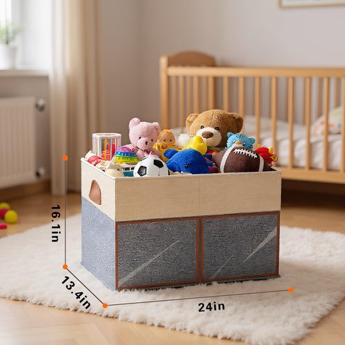 HISULIV 1 Pack Large Toy Storage Box with Clear Lids Collapsible Toys Chest Organizer Bin Basket with Adjustable Dividers for Kids Boys Girls Living Room Nursery Playroom Closet Beige and Grey