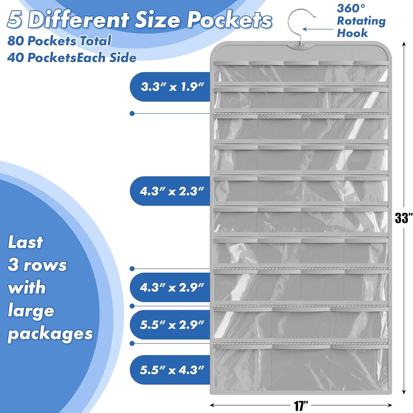 Simple Houseware Jewelry Organizer - 80-Pocket Hanging Storage for All Accessories | Gray
