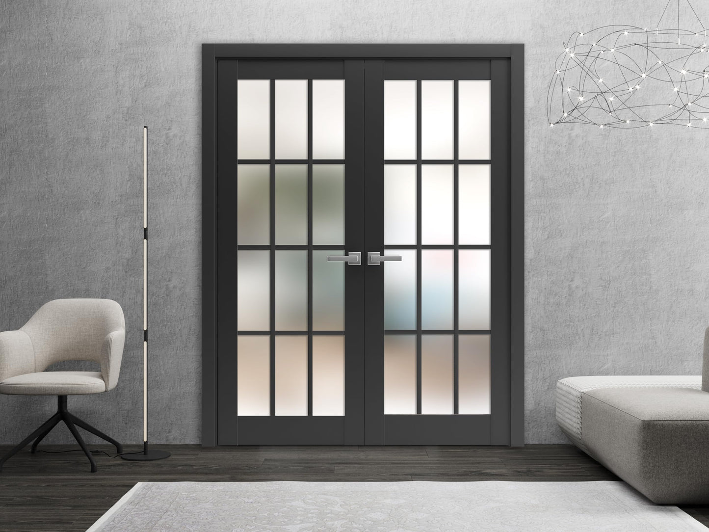 SARTODOORS Solid Interior French Double Doors 84 x 80 inches | Felicia 3312 Matte Black with Frosted Glass | Wood Solid Panel Frame Trims | Closet Bedroom Sturdy Doors