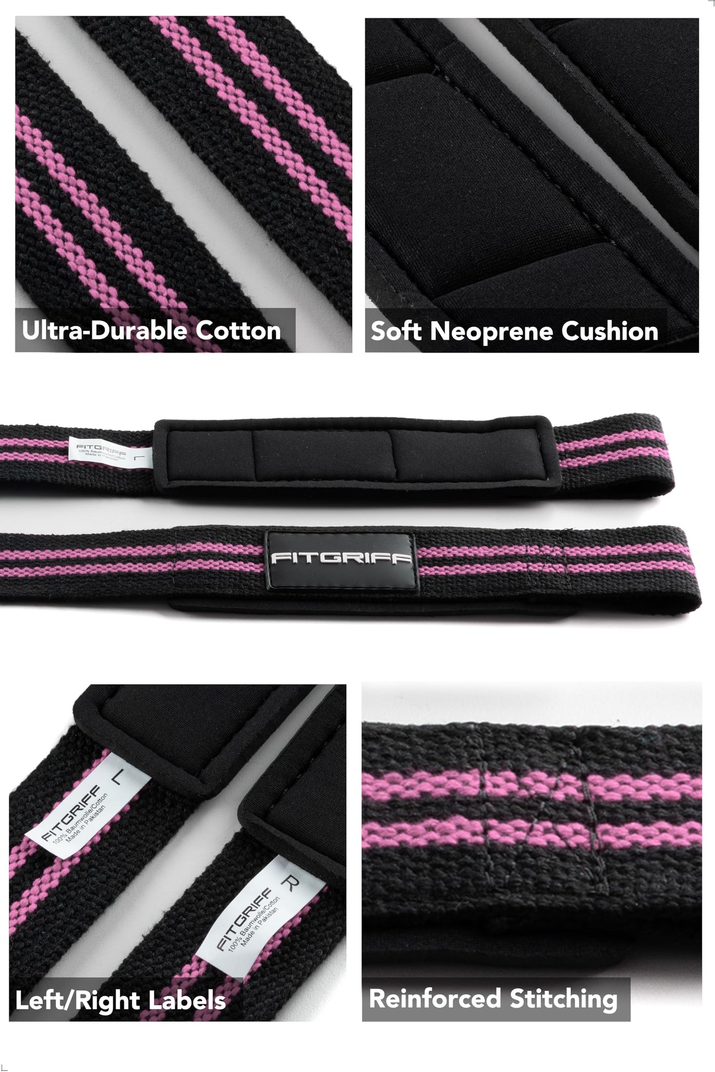 Fitgriff® Lifting Wrist Straps for Weightlifting, Gym, Deadlift, Workout (Made of Premium Cotton & Padded) - Men & Women (Standard, Black/Pink)