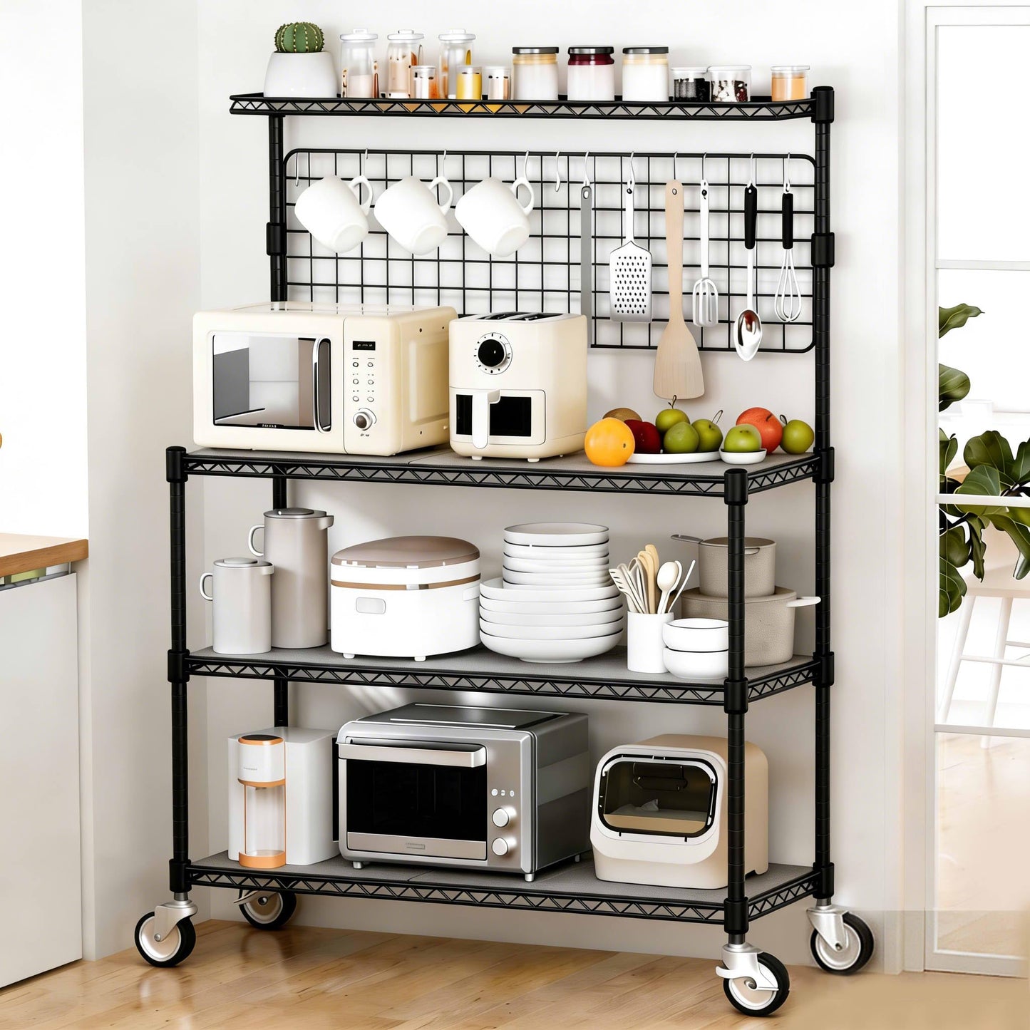 Leteuke Bakers Rack with Storage & Wheels, 42 Inch Microwave Stand Kitchen Shelves, 4-Tier Heavy Duty Storage Rack with 20 S-Hooks, Commercial Metal Utility Kitchen Cart, 42× 18× 63 Inch, Black