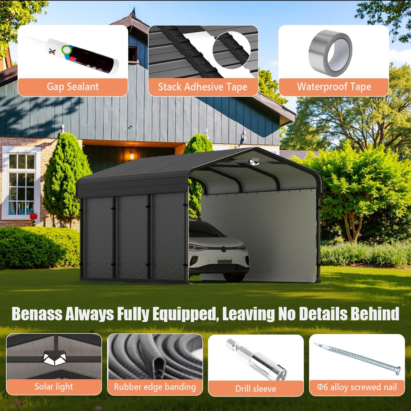 Benass 10x15FT Heavy Duty Metal Carport, Galvanized Steel Roof Portable Garage with PE Sidewalls, 2x2 Reinforced Square Tube Frame, All-Weather Waterproof Shelter for Car, Truck, Boat