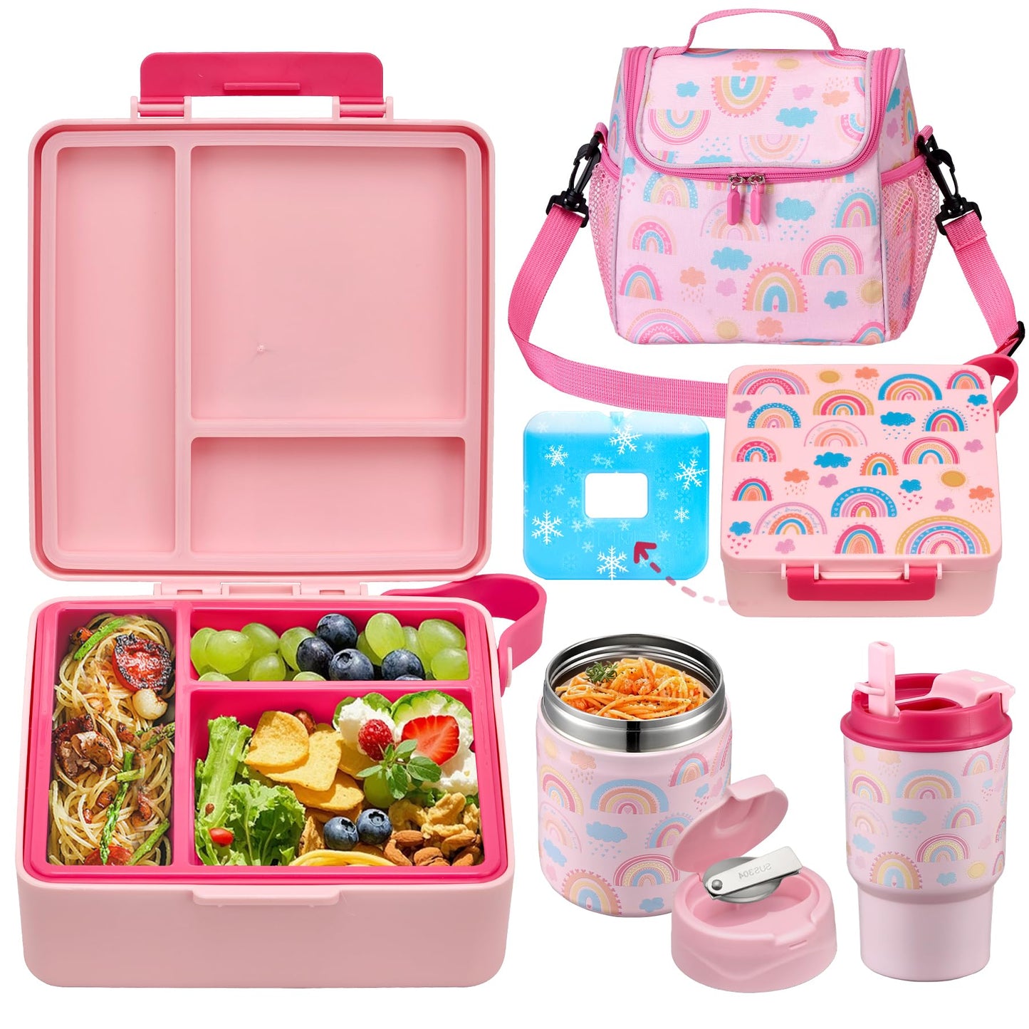 Bento Lunch Box for Kids with 17oz Soup Thermo,Insulated Tumbler Water Bottle and Insulated Lunch Bag,Leak-Proof 3 Compartment Lunch Food Container with Ice Pack for Kids to School-Rainbow