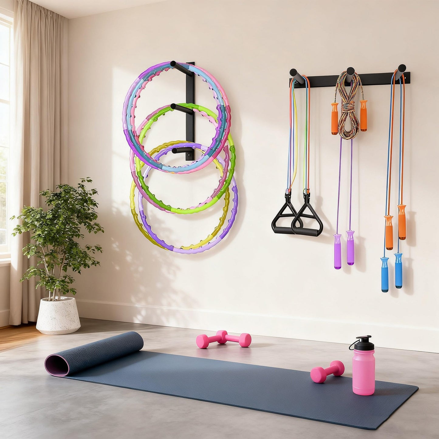 YOVXKAN Wall Mounted Jump Rope Rack - 6 Peg Heavy-Duty Metal Gym Organizer for Resistance Bands, Hoops, and Ropes - Black Finish - Home/Gym Storage